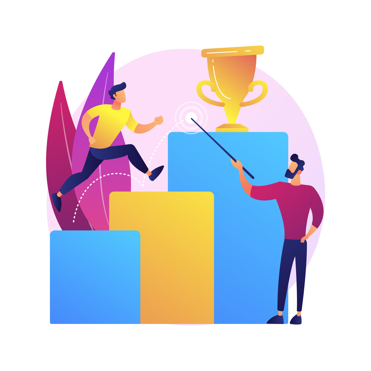 Abstract Illustration of a man jumping from one pillar to the next, to the trophy on top, a man standing on the right, pointing with a stick.