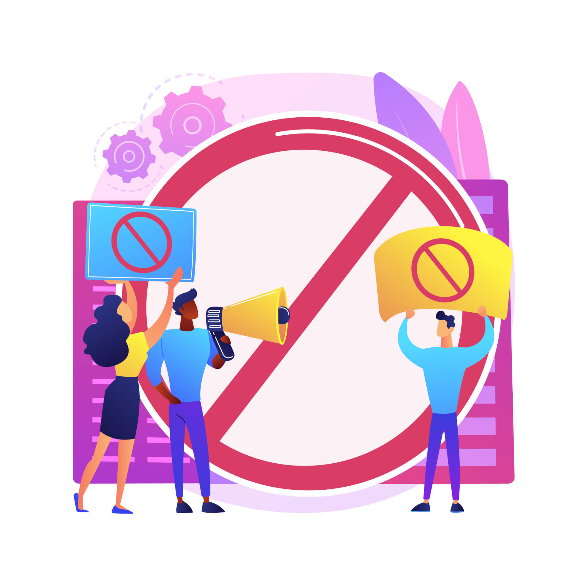 Illustration of a big forbidden sign, with three persons standing in front of it, also holding up signs with the forbitten symbol on it.