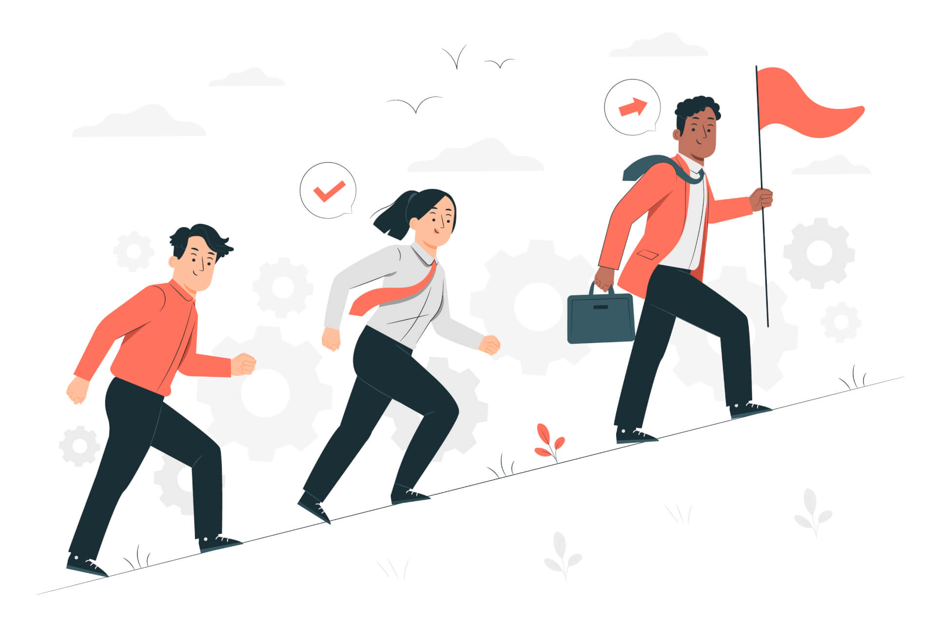 Illustration ot three persons, walking uphill