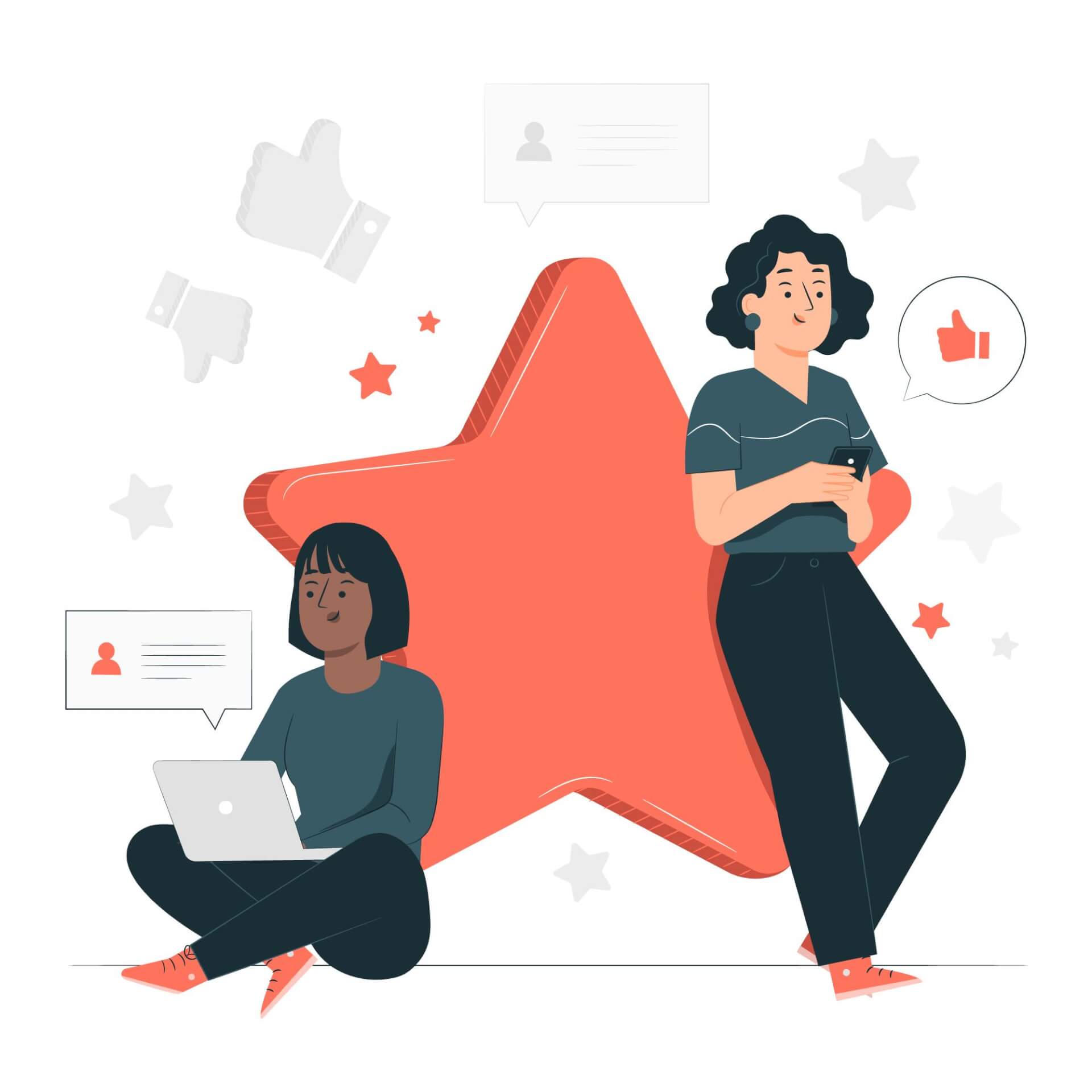 Illustration von zwei Frauen, die sich auf einen riesigen roten Stern lehnen, eine hält ein Smartphone, die andere einen Laptop.