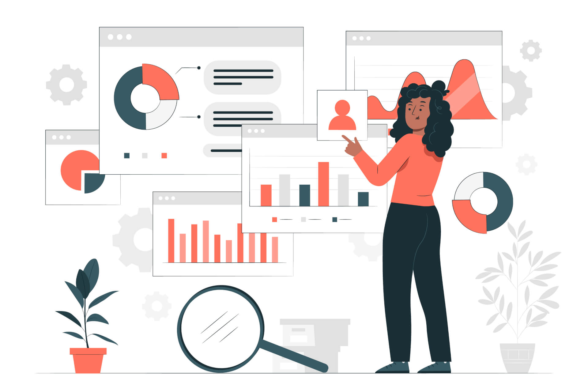 Abstract Illustration of a woman working on multiple floating displays with graphs and other statistics. A giant magnifying glass on the ground.
