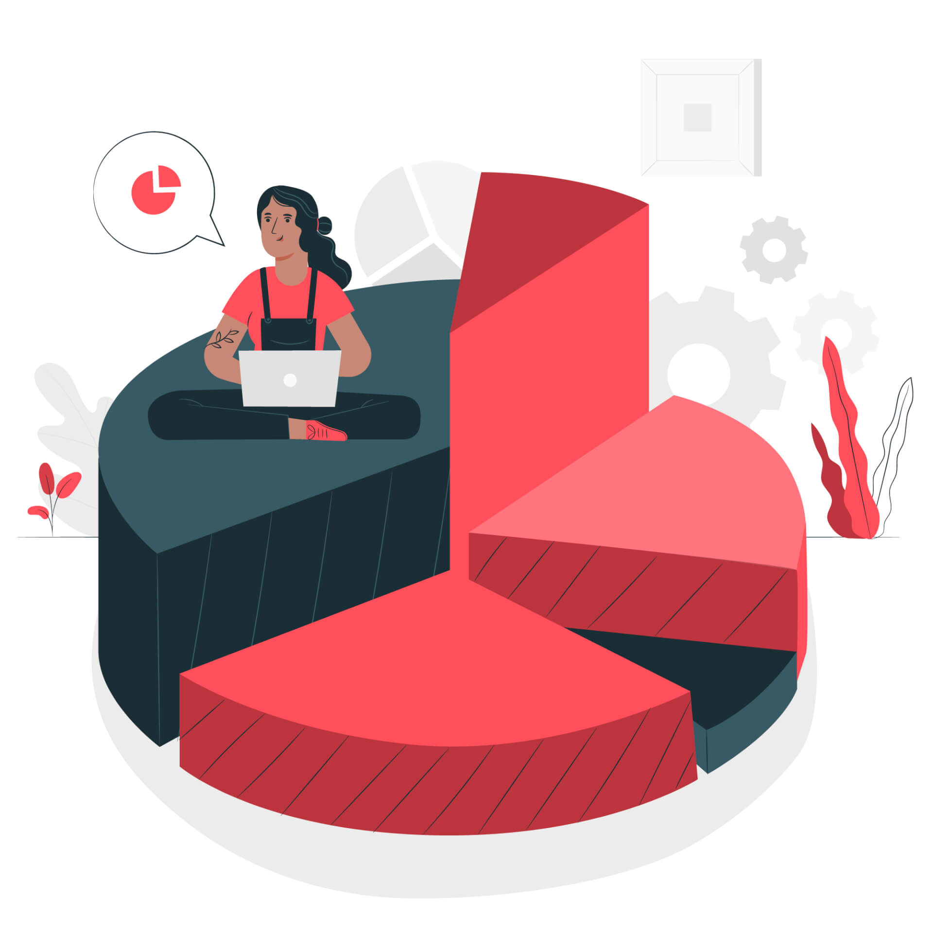 Illustration of a pie chart, a woman sitting on one segment, working on her laptop.