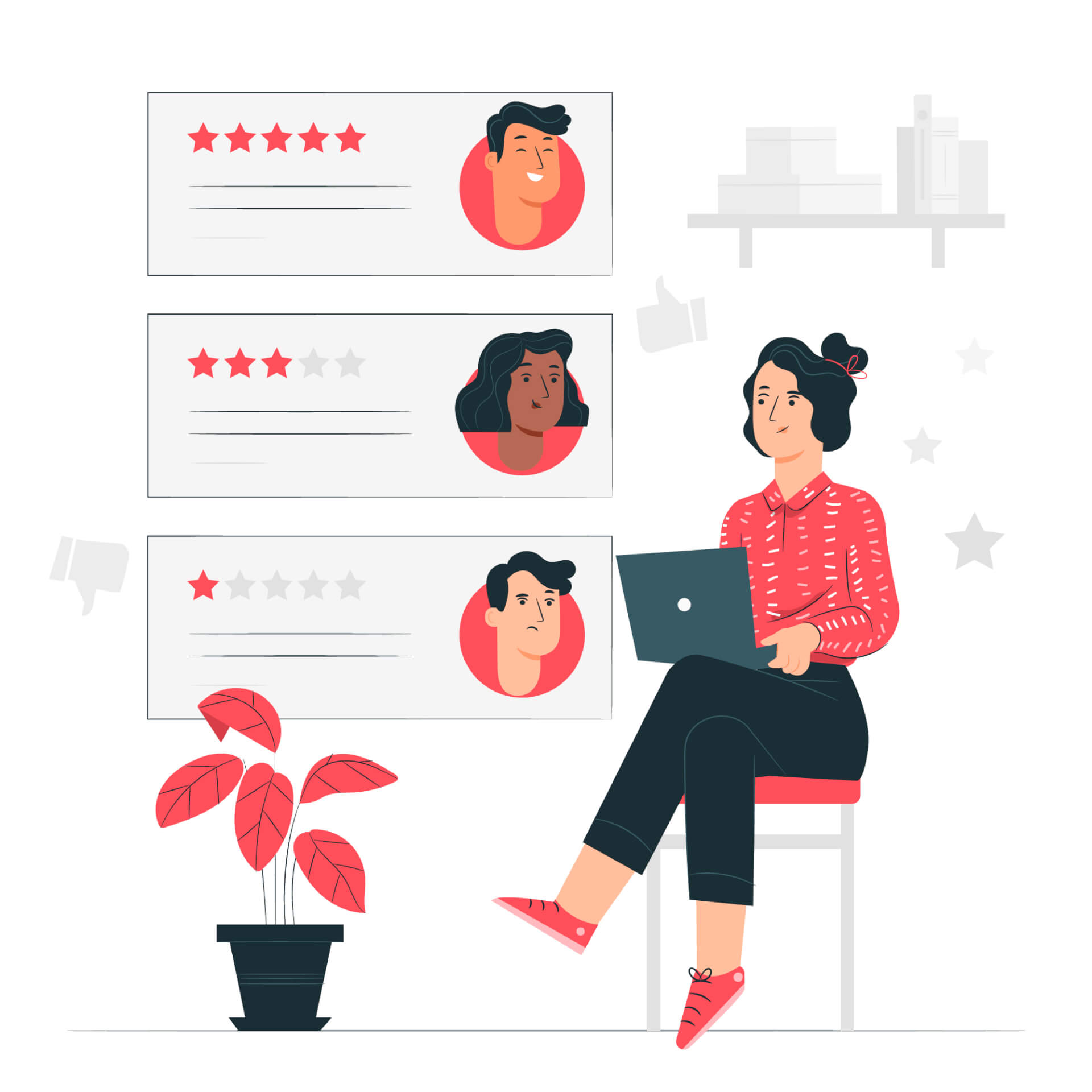 Abstrakte Illustration einer Frau, die am Laptop sitzt und arbeitet. Im Hintergrund schweben Registerkarten mit Gesichtern von Personen und Sternebewertungen.