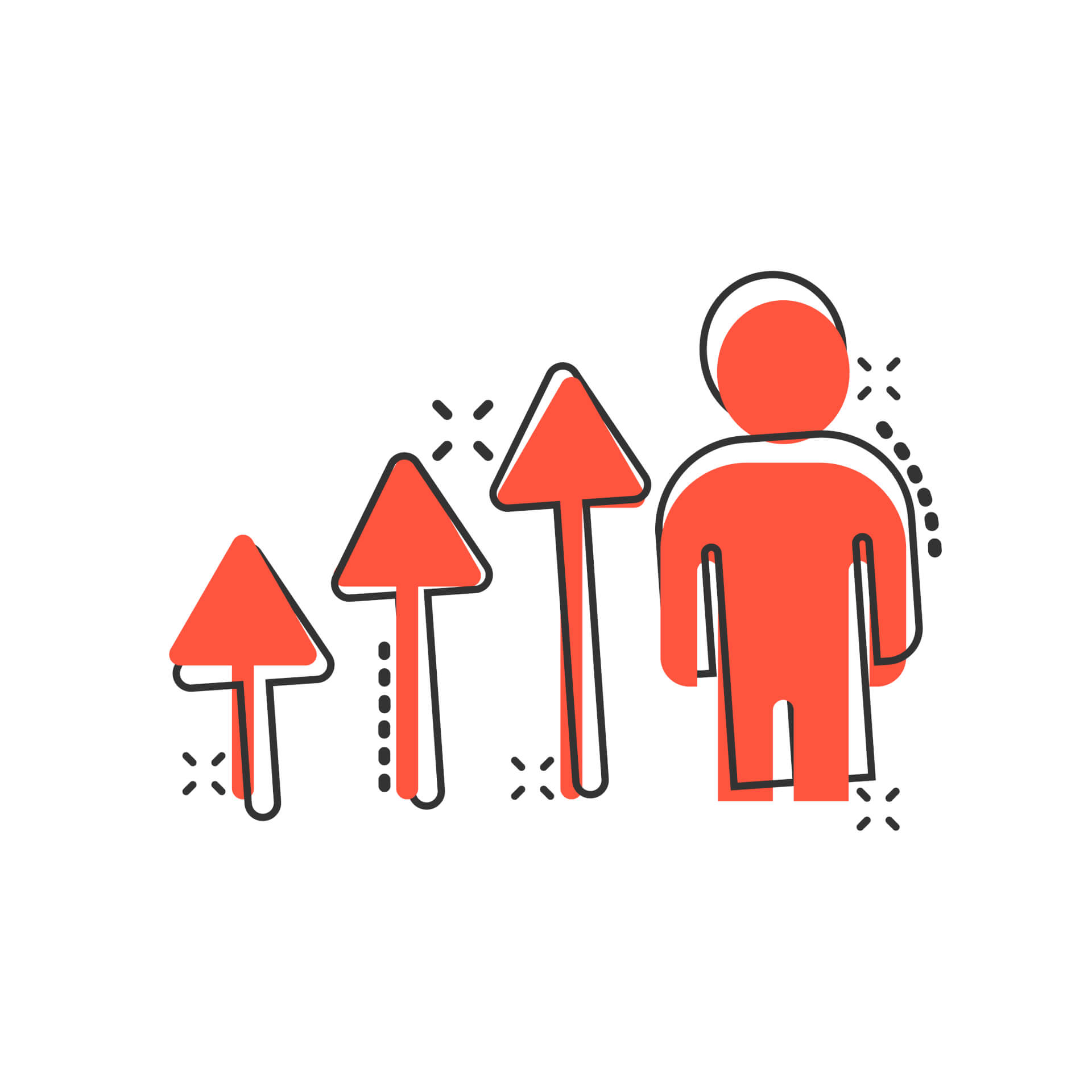 Illustration von drei nach oben zeigenden Pfeilen, rechts ein Strichmännchen in Rot, das den Kunden symbolisiert.