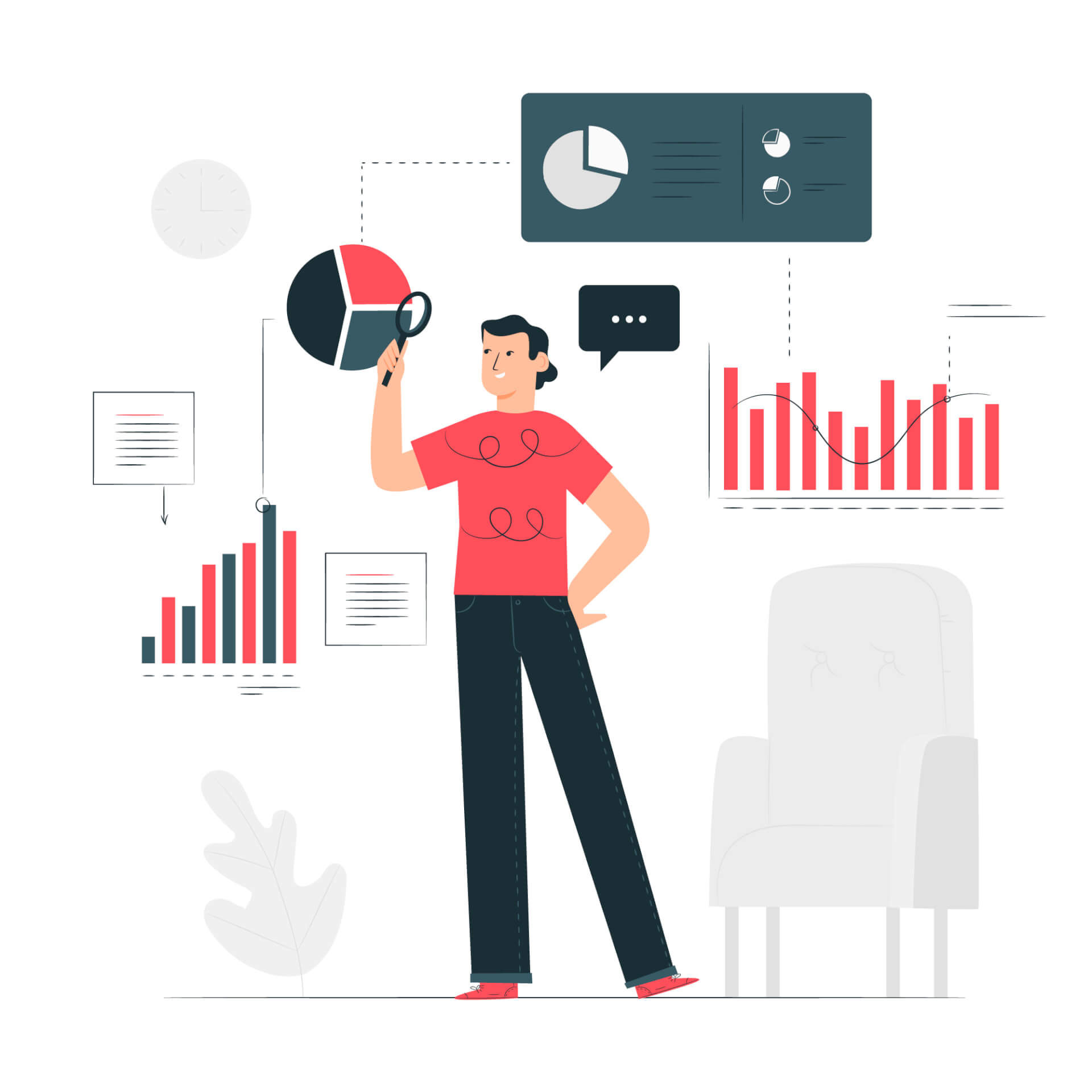 Abstract Illustration of a person holding a magnifying glass, browser tabs with statistics floating around him.