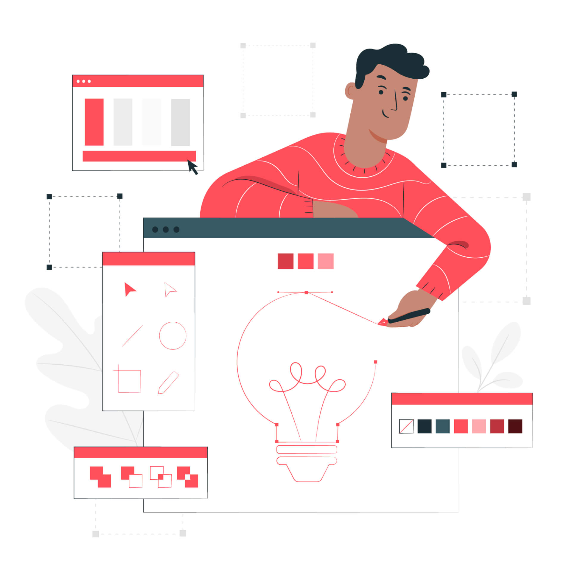 Ein Mann steht hinter einem riesigen Browser-Tab und zeigt auf die Zeichnung einer Glühbirne.