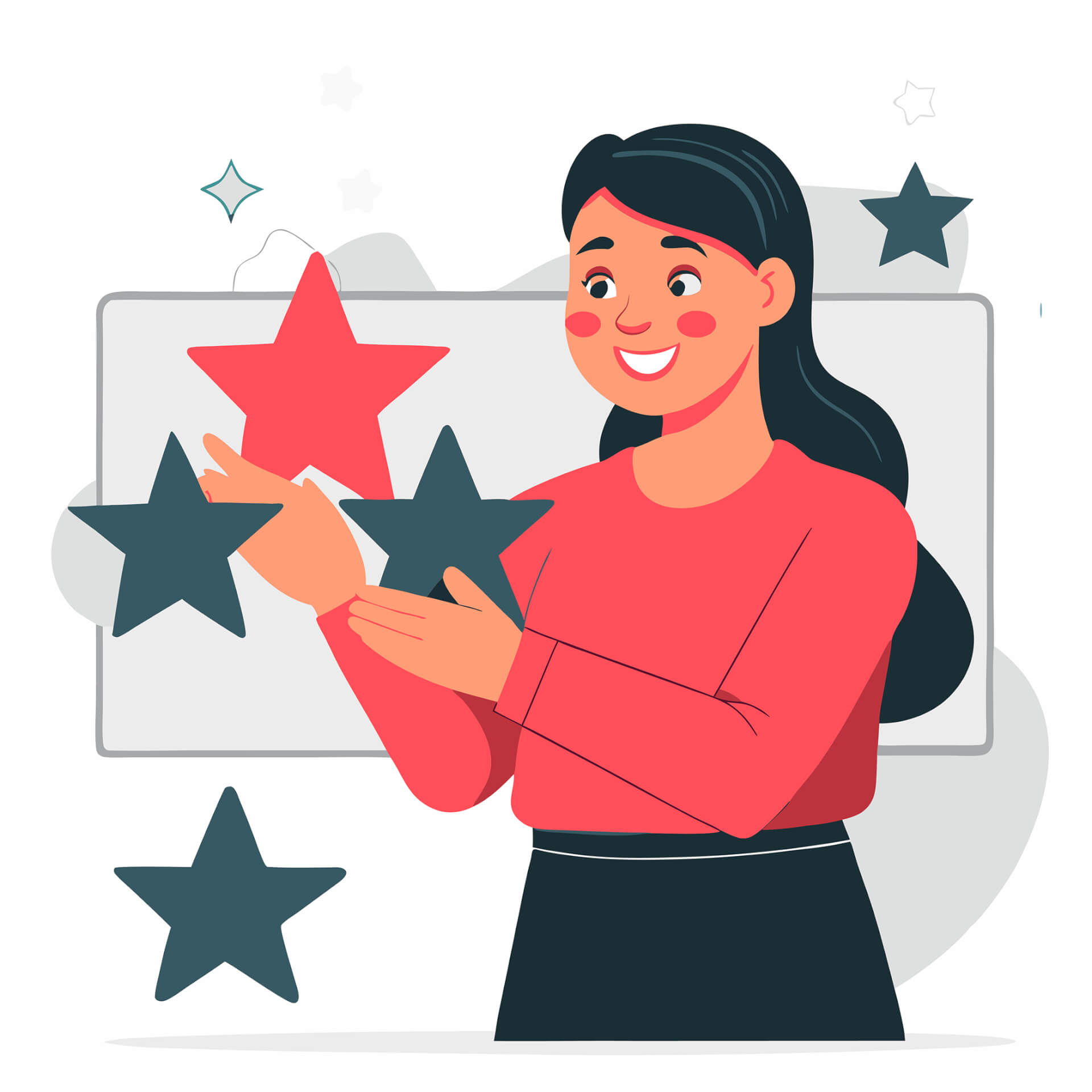 A woman, playing with floating stars in black and red.