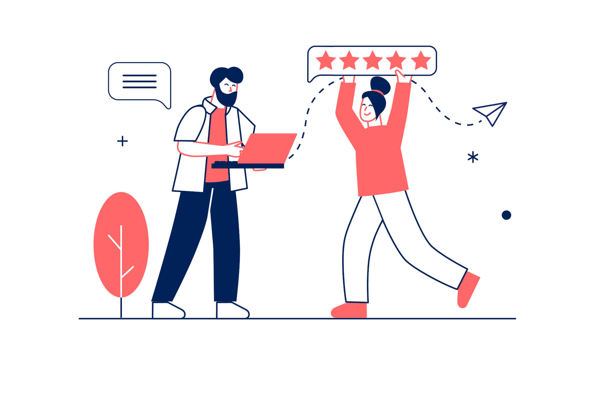 Abstract Illustration of a man, holding a laptop, typing, a woman on his right walking towards him, holding a 5 star rating bar over her head.