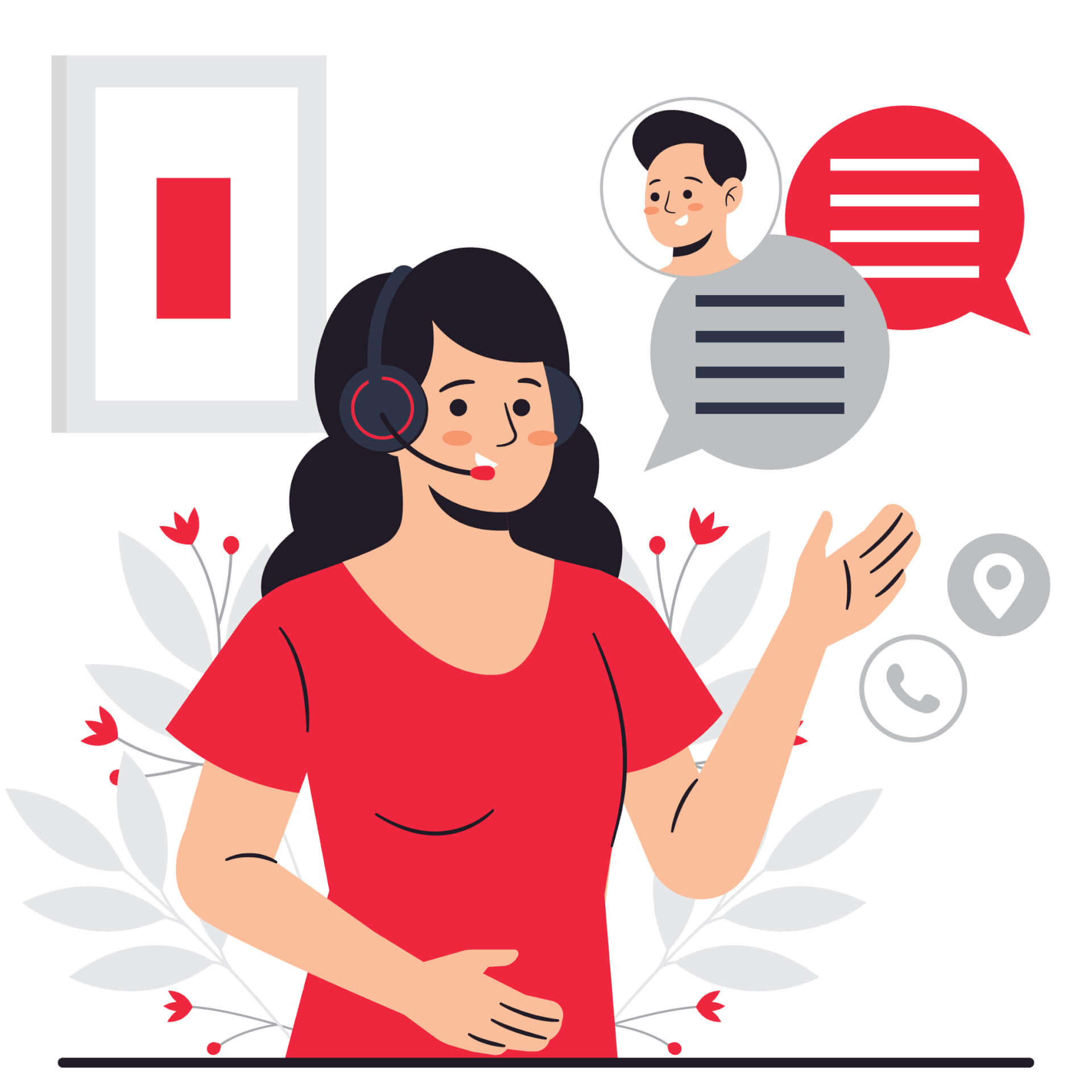 Illustration of a woman wearing a headset, talking. next to her, speech bubbles and communication symbols