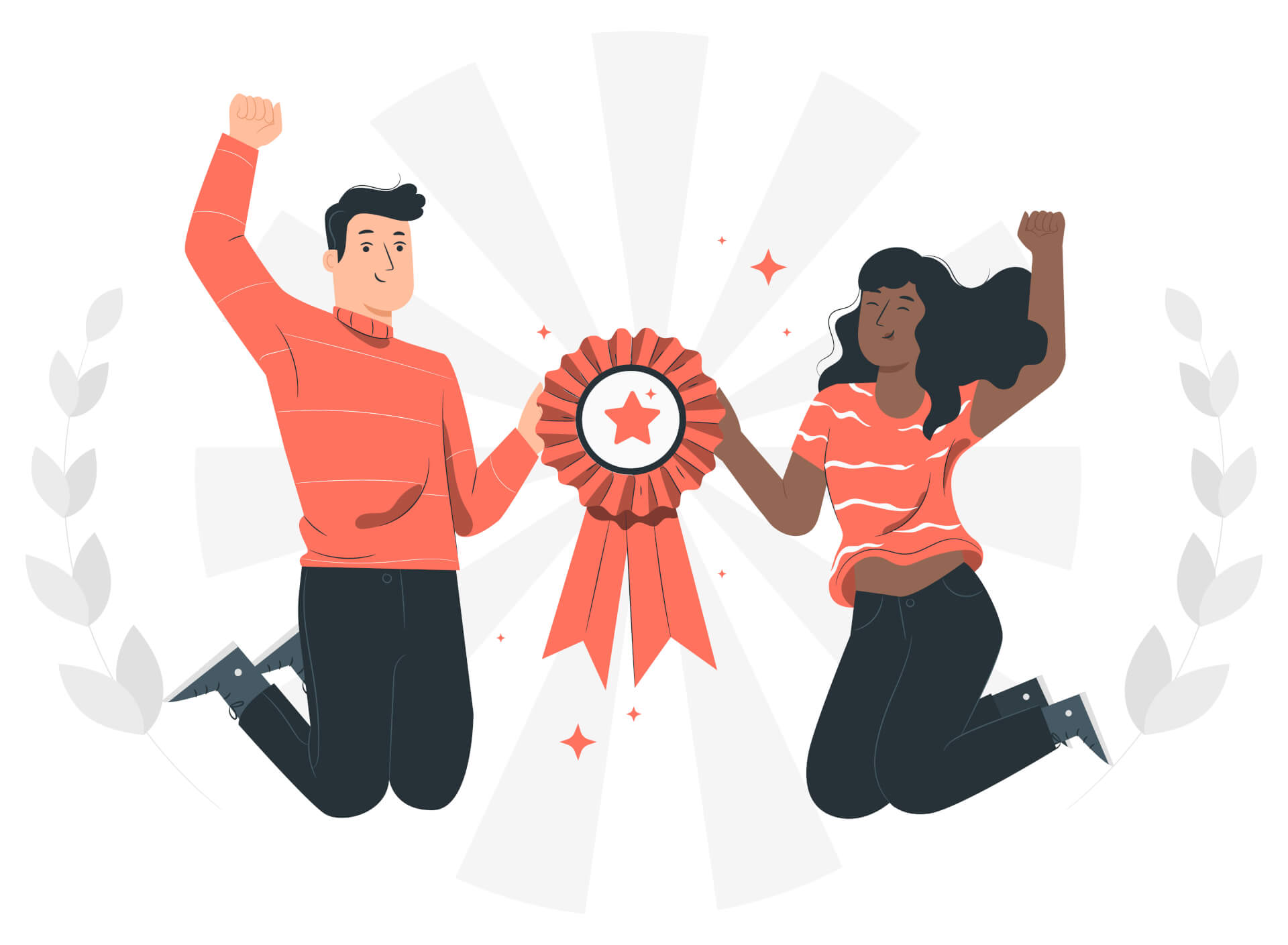 A man and a woman holding a trophy, jumping up in joy