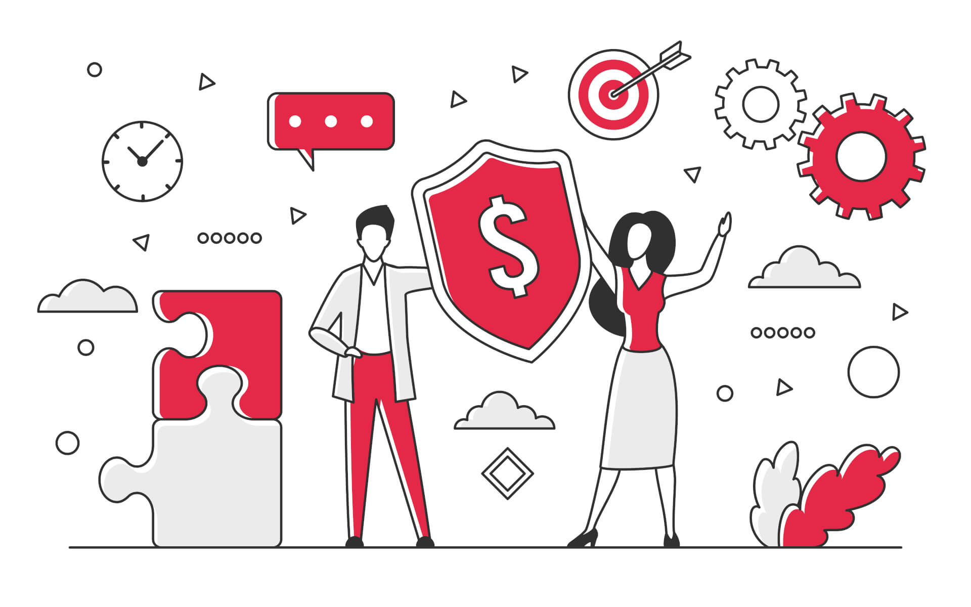 A man and a woman holding up a shield with a giant Dollar symbol on it. More symbols for network, targets and integration floating around.