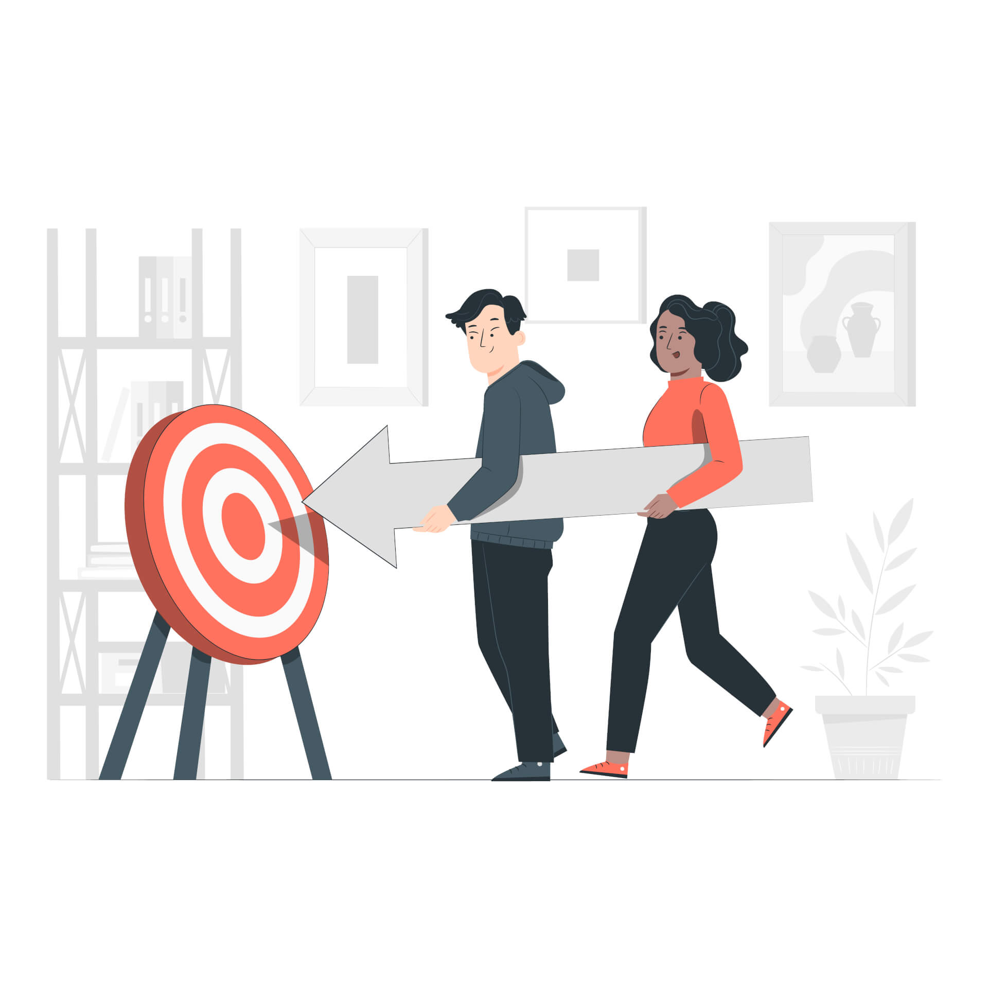 Illustration of a man and a woman holding a giant arrow, walking towards a target, working together to improve.
