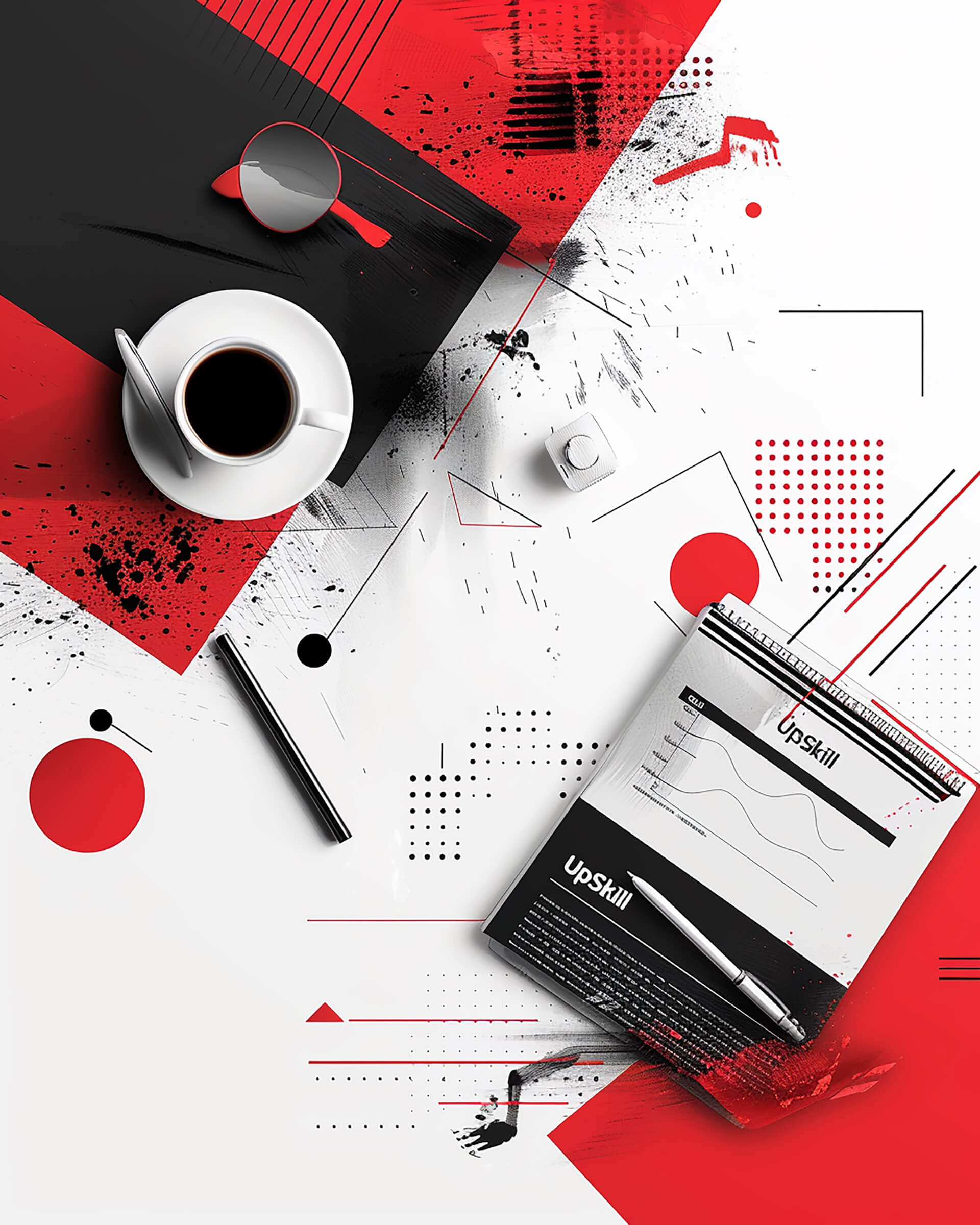 Illustration of a desk, looked from above, with a coffee mug, pens, and a clipboard with a page visible saying UPSKILL. 