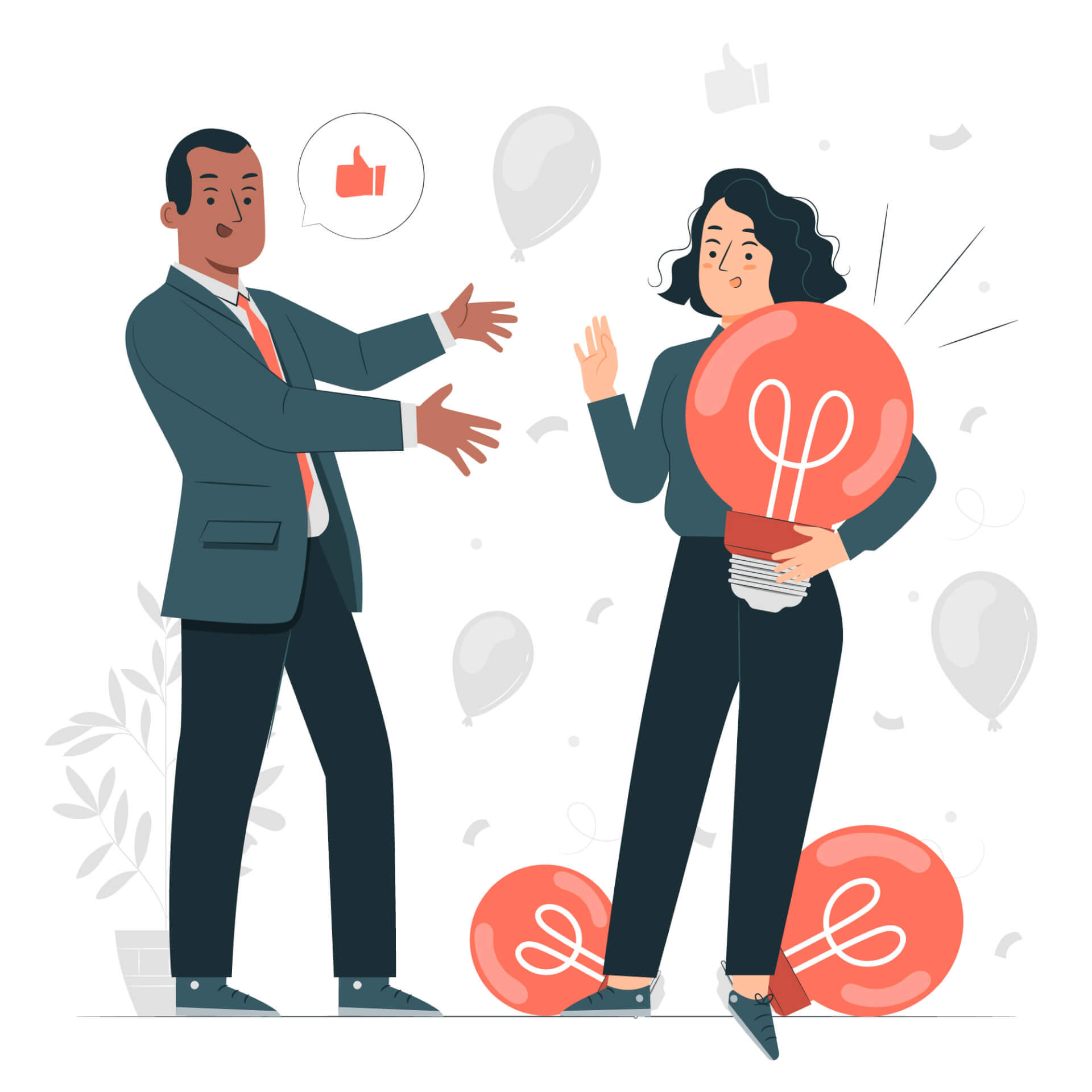 Illustration of a woman holding a giant light bulb, on the left side, a man in a suit, pointing with his hands towards her.