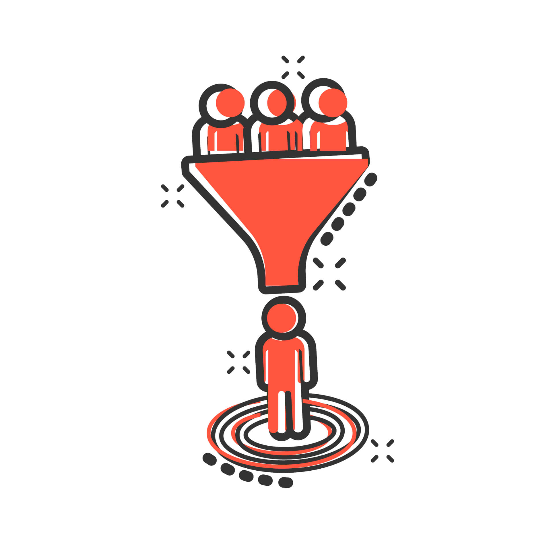 Illustration of a sales funnel, with many stick people going in and one stick person coming out of the funnel. 