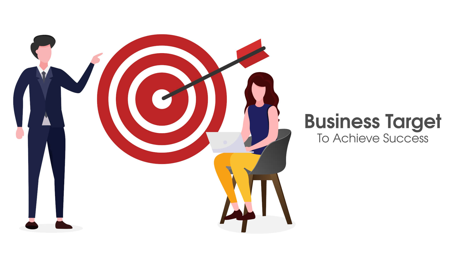 Illustration of a target with arrow in it, a man standing on the left, pointing to a woman sitting on the right, working on a laptop.