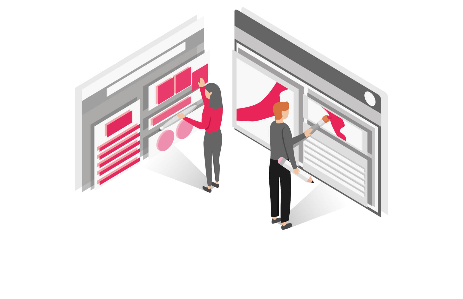 Illustration of a man and a woman standing on different giant screens, making adjustments and designing for the respective channel.