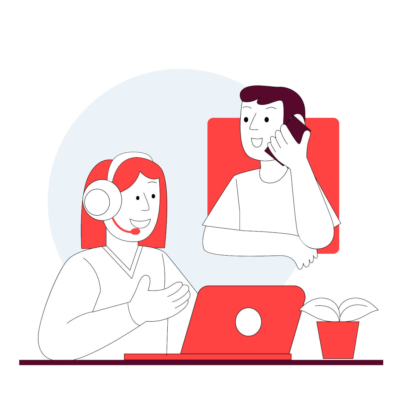 Illustration einer Frau, die an ihrem Schreibtisch sitzt, ein Headset trägt und mit einem Kunden spricht, der in einer schwebenden Blase über ihrem Kopf erscheint.