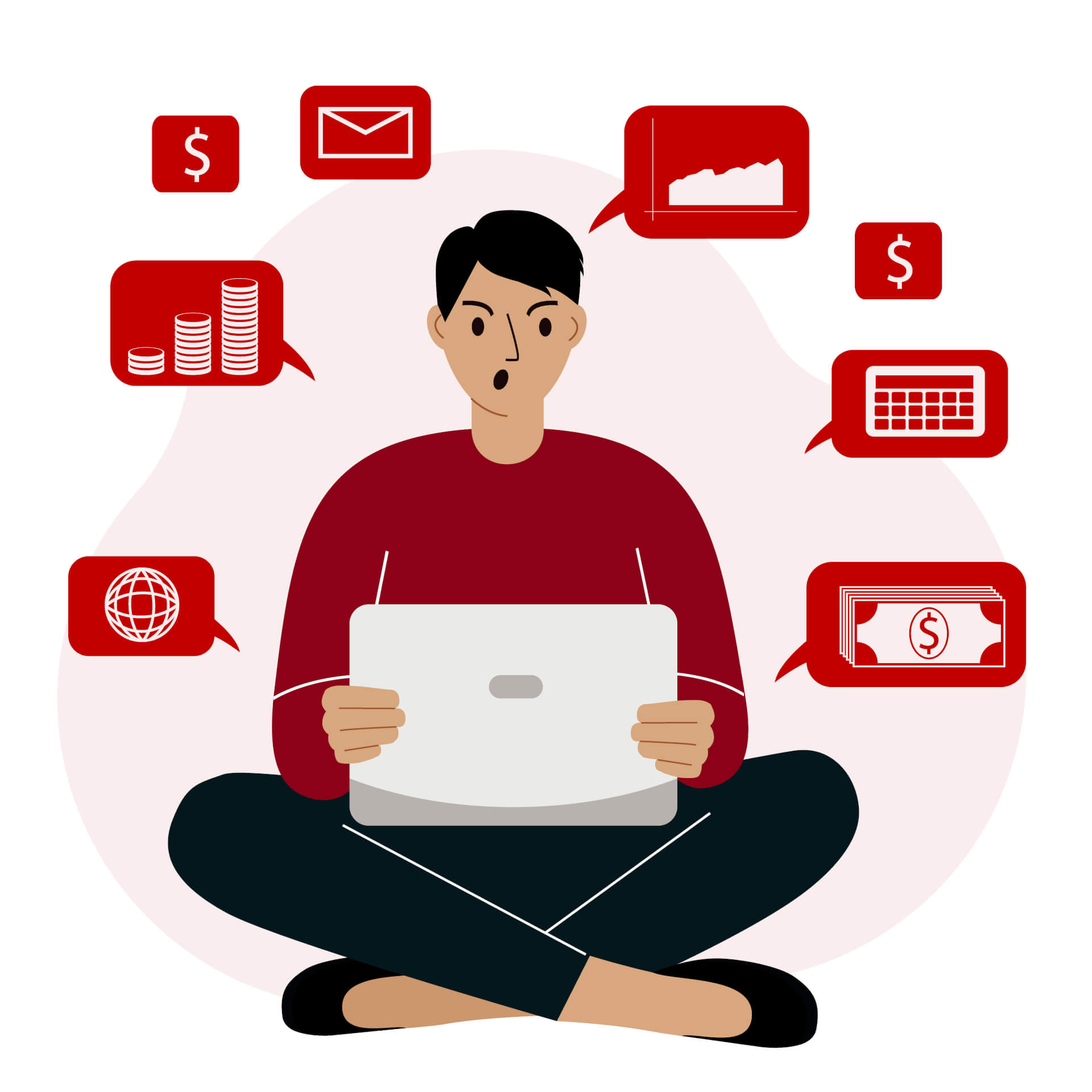 Illustration eines Mannes, der auf dem Boden sitzt und an einem Laptop arbeitet, mit Symbolen von Geld, Aktien und Zeitplänen, die in Sprechblasen um ihn herum schweben.