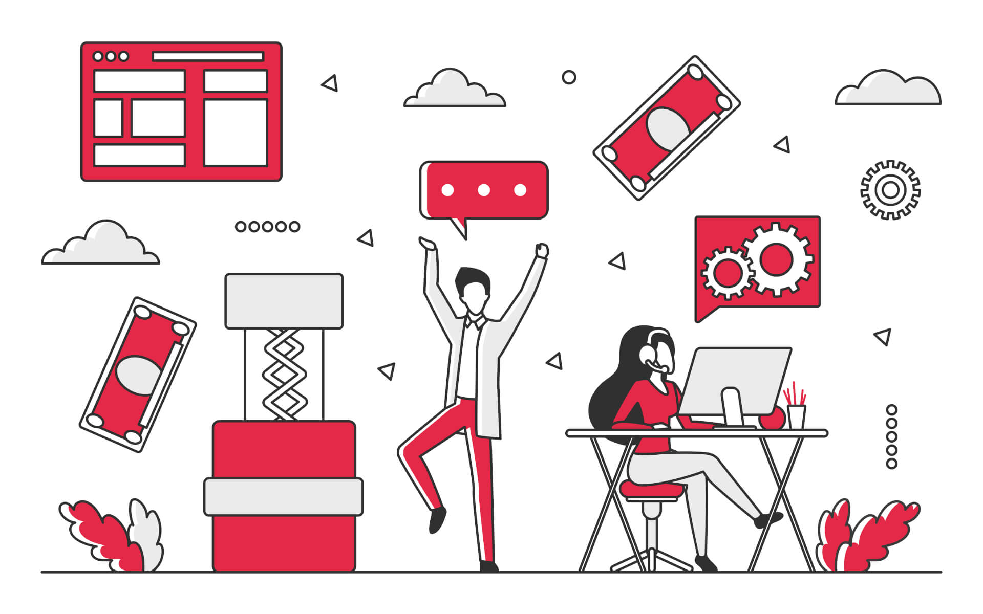 Illustration of a woman, sitting on a desk, working on a computer, a man holding his arms um, jumping, icons of money, settings and cloud floating around them.