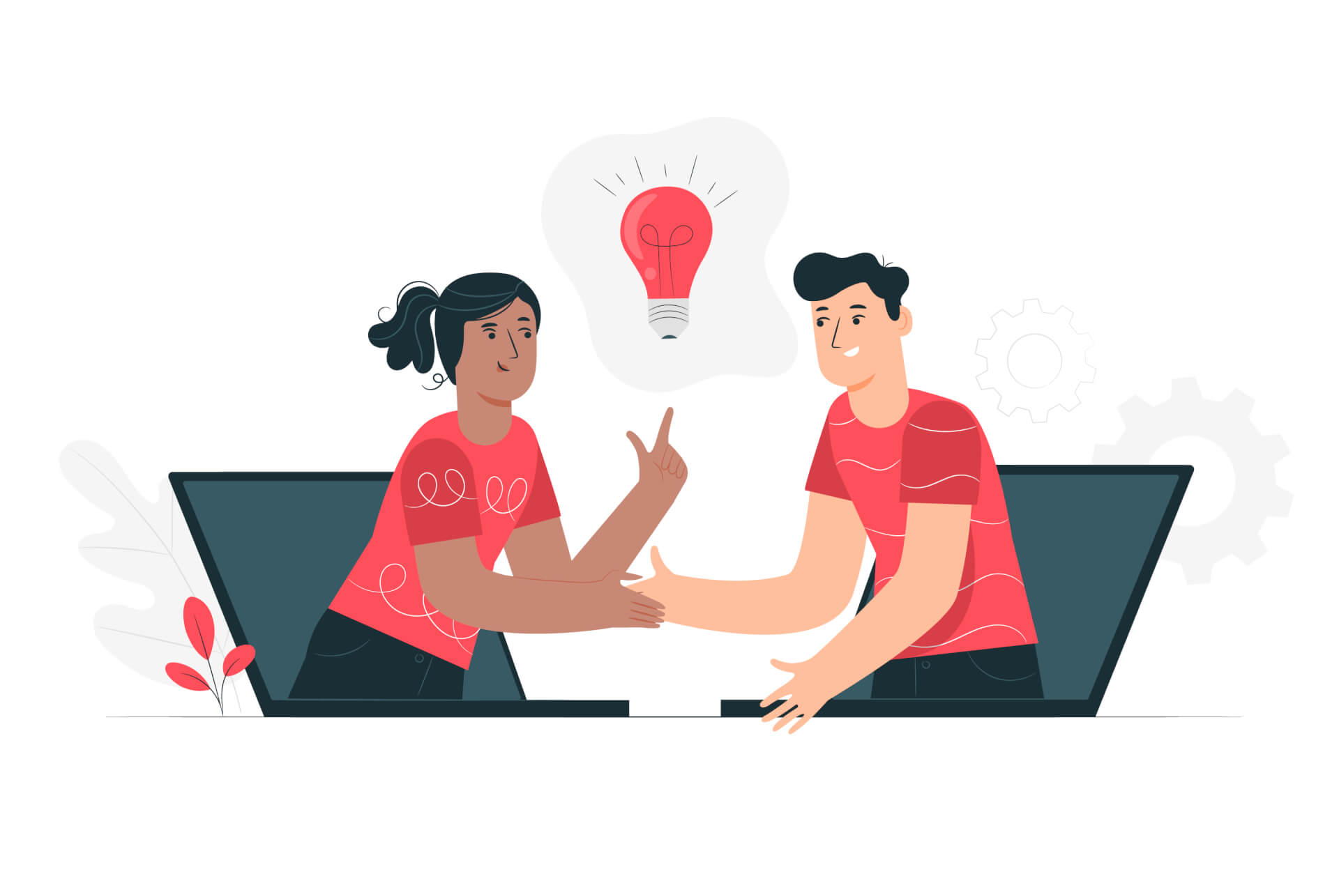 Illustration eines Mannes und einer Frau, die beide aus Laptop-Bildschirmen kommen und sich die Hand schütteln. Eine Glühbirne zwischen ihnen.