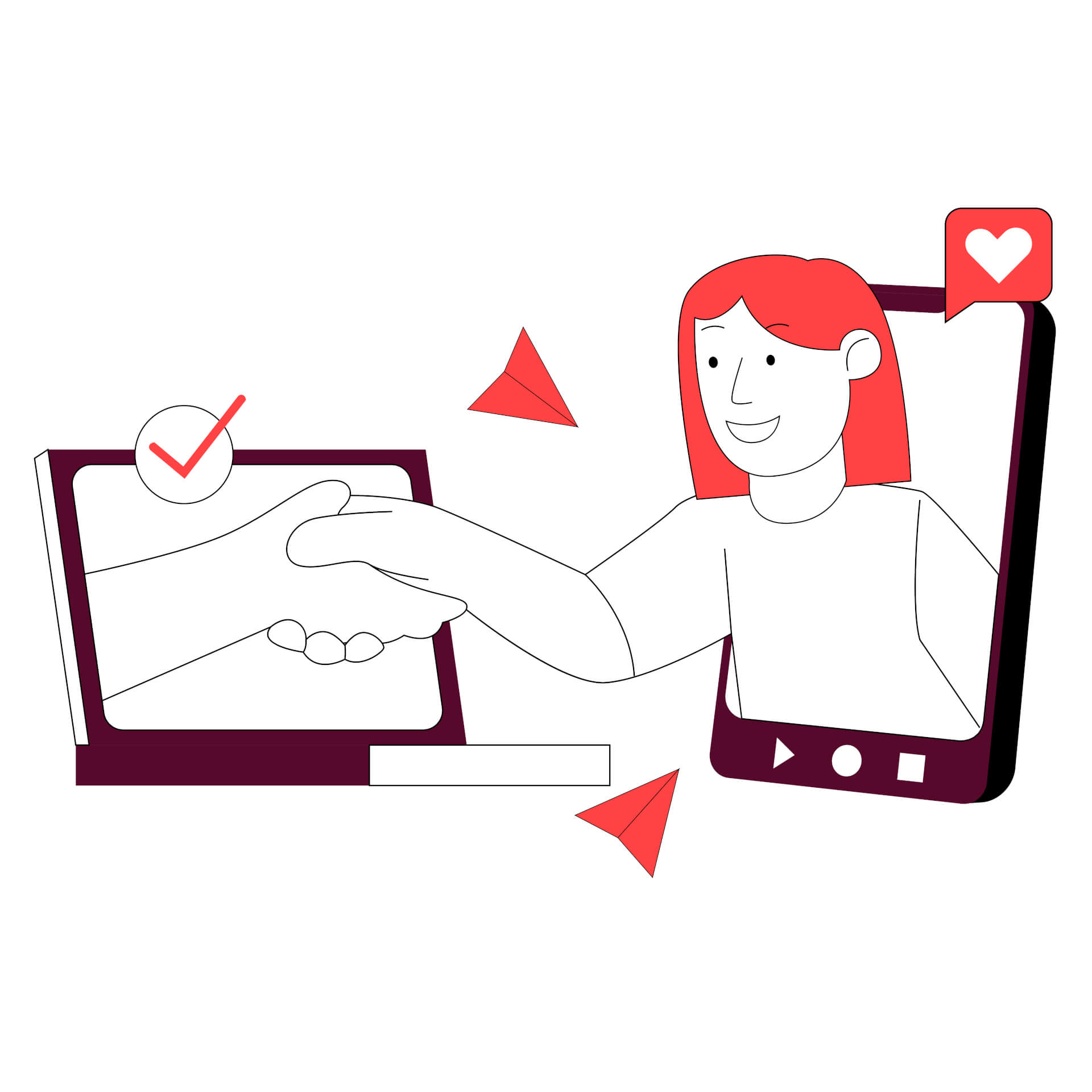 Illustration of two screens, a woman coming out of one, a hand reaching out from the other screen, they are shaking hands. 