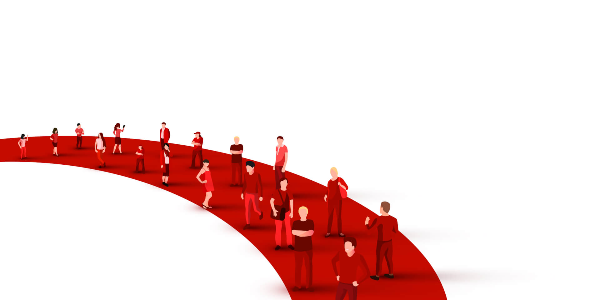 Illustration einer riesigen roten Linie, mit mehreren Personen, die an verschiedenen Positionen entlang dieser Linie stehen.