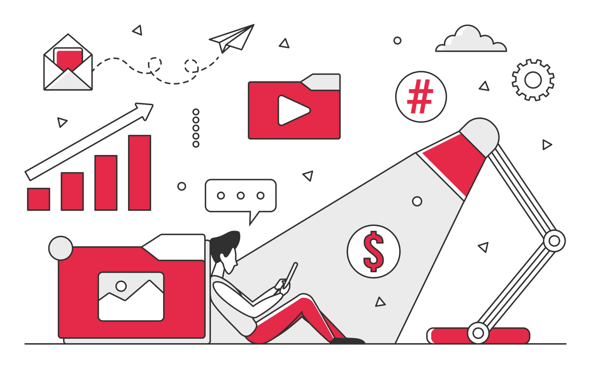 Illustration of a man, siting on the floor, looking at the laptop, not minding his surroundings.