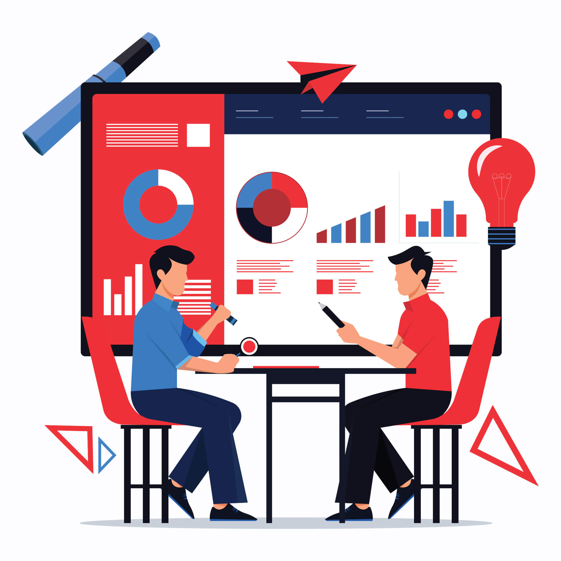 Zwei Männer sitzen an einem Schreibtisch und sprechen über Statistiken, die auf einem großen Bildschirm im Hintergrund angezeigt werden.