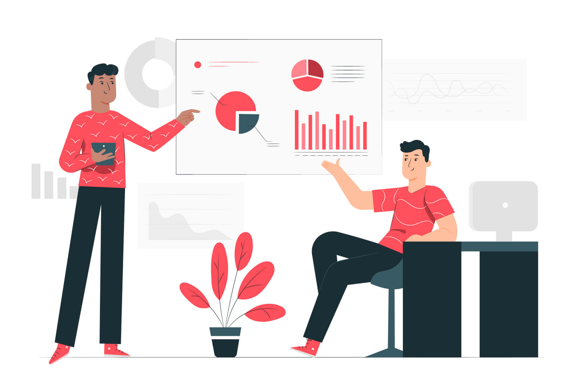 Illustration von zwei Männern vor einer Wand mit Statistiken, beide zeigen auf die Informationen.