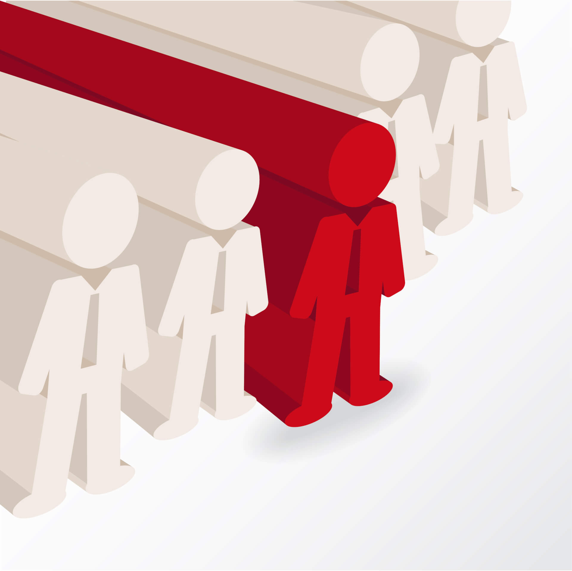 Illustration einer Reihe von weißen Strichmännchen, wobei eines in Rot hervorsticht.