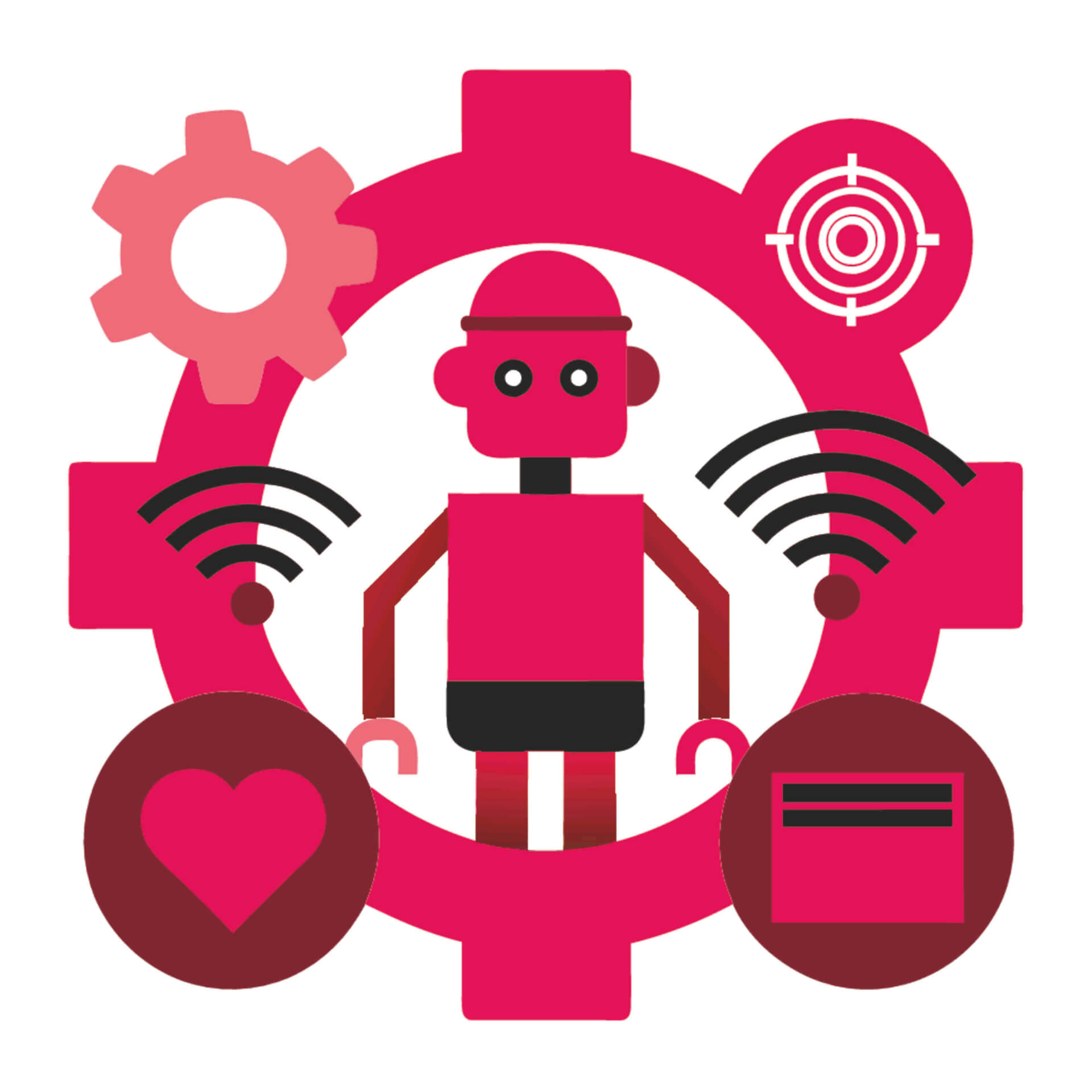 Illustration eines Roboters, der in einem riesigen Zahnrad steht, umgeben von Symbolen für WLAN, Ziele, Glück und Einstellungen.