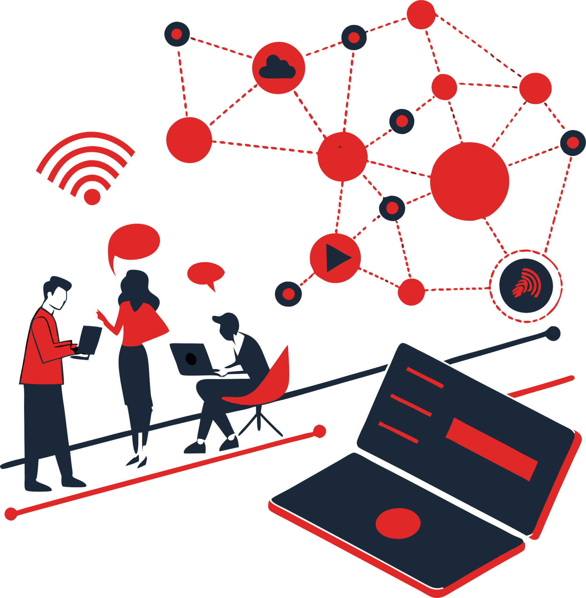 Abstract Illustration of three persons, one sitting and working on laptop, another standing, talking, the last also standing talking and looking at a mobile phone. Around them symbols for network and media around them, all connected with dots and lines.