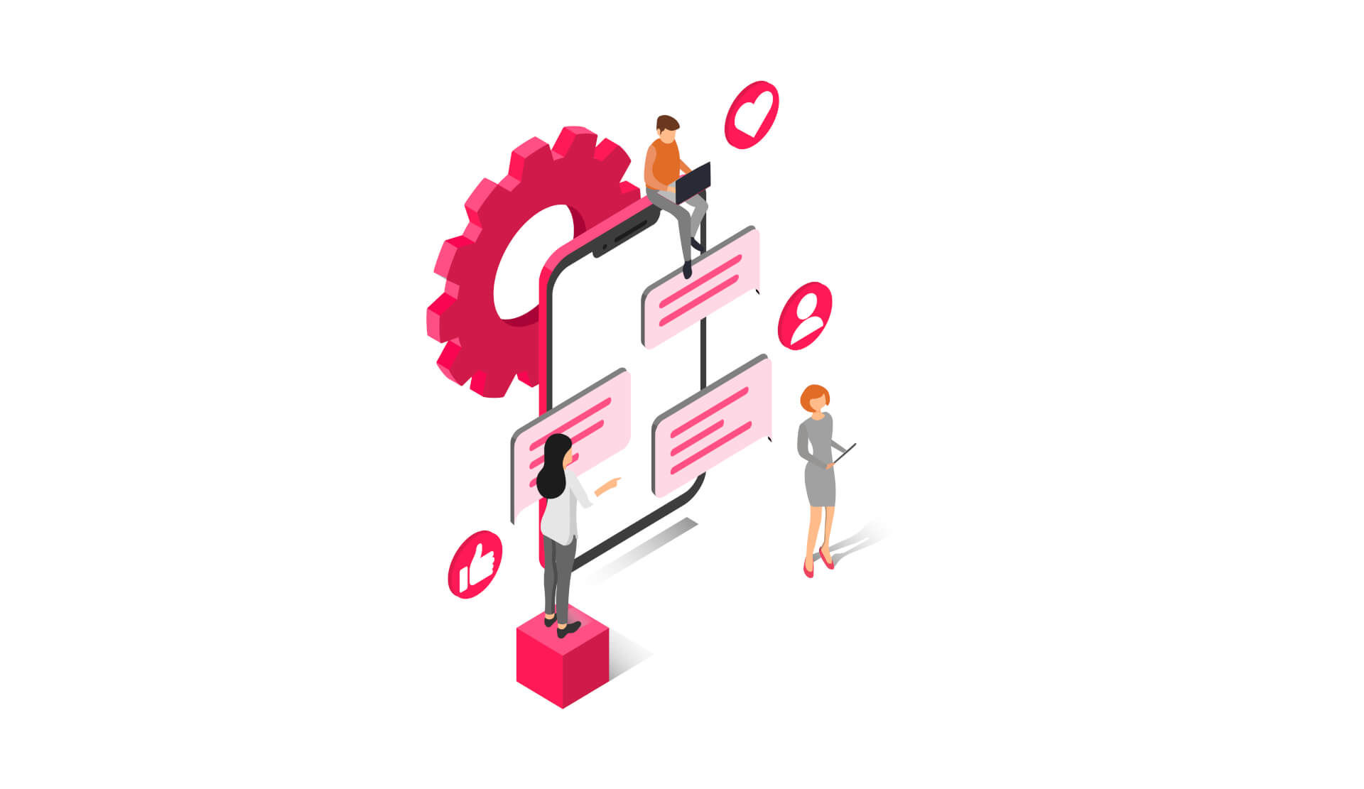 Illustration eines riesigen Bildschirms, vor dem drei Personen stehen und an digitalen Geräten arbeiten.