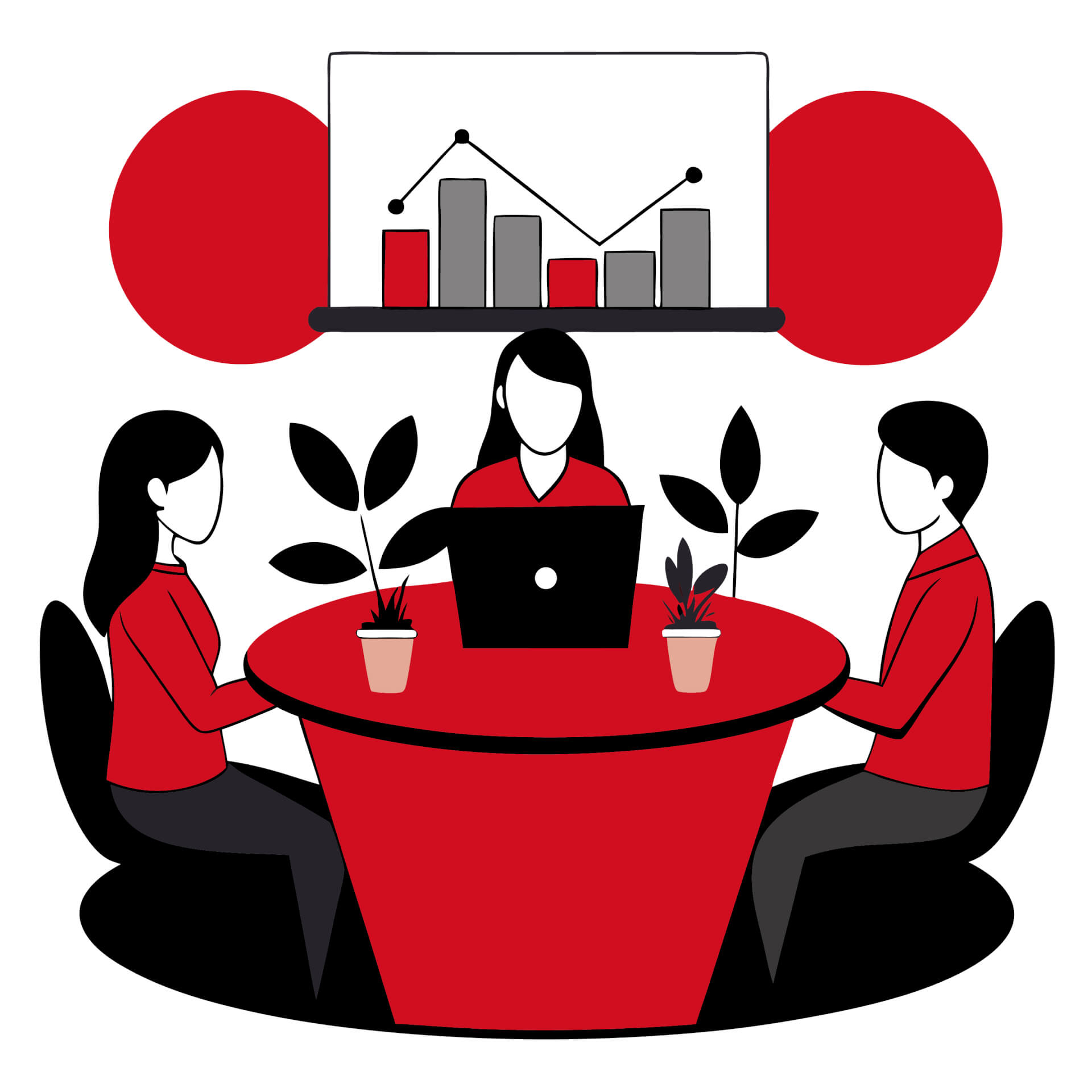 Illustration von drei Personen, die an einem runden Tisch sitzen und an digitalen Geräten arbeiten.