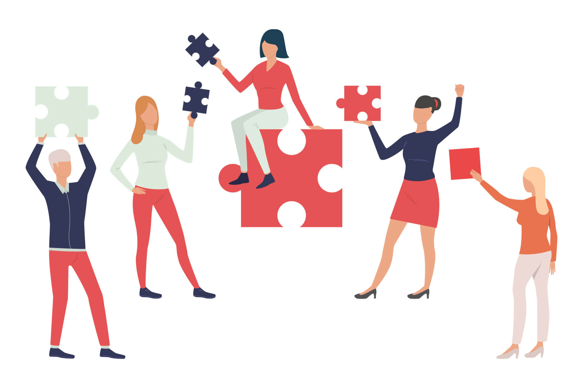 Illustration einer Gruppe von Menschen, die Puzzleteile halten.