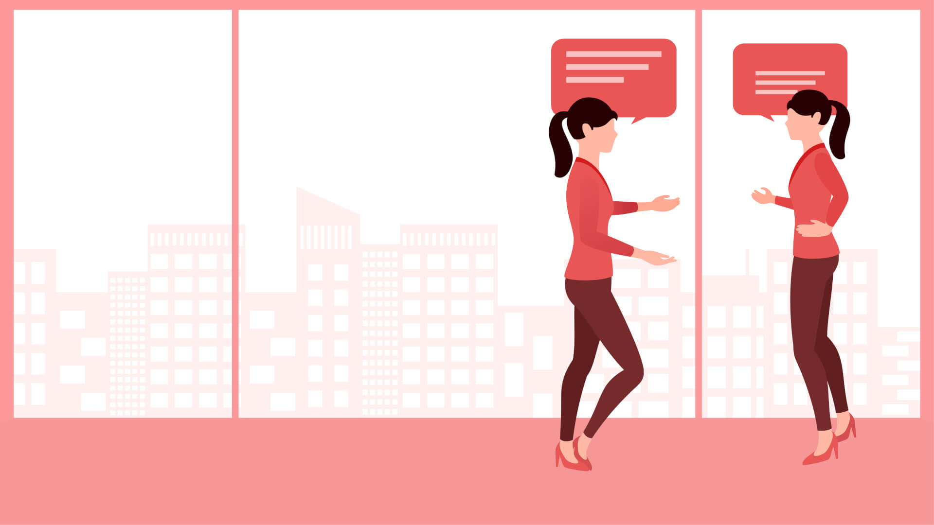 two women standing in front of a window wall, talking. 