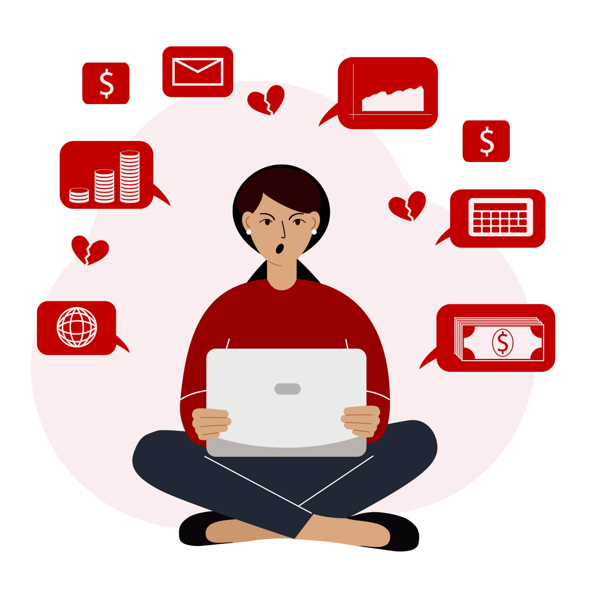 A woman sitting on floor, laptop in lap, speech bubbles with symbols of finance and money floating around her. 