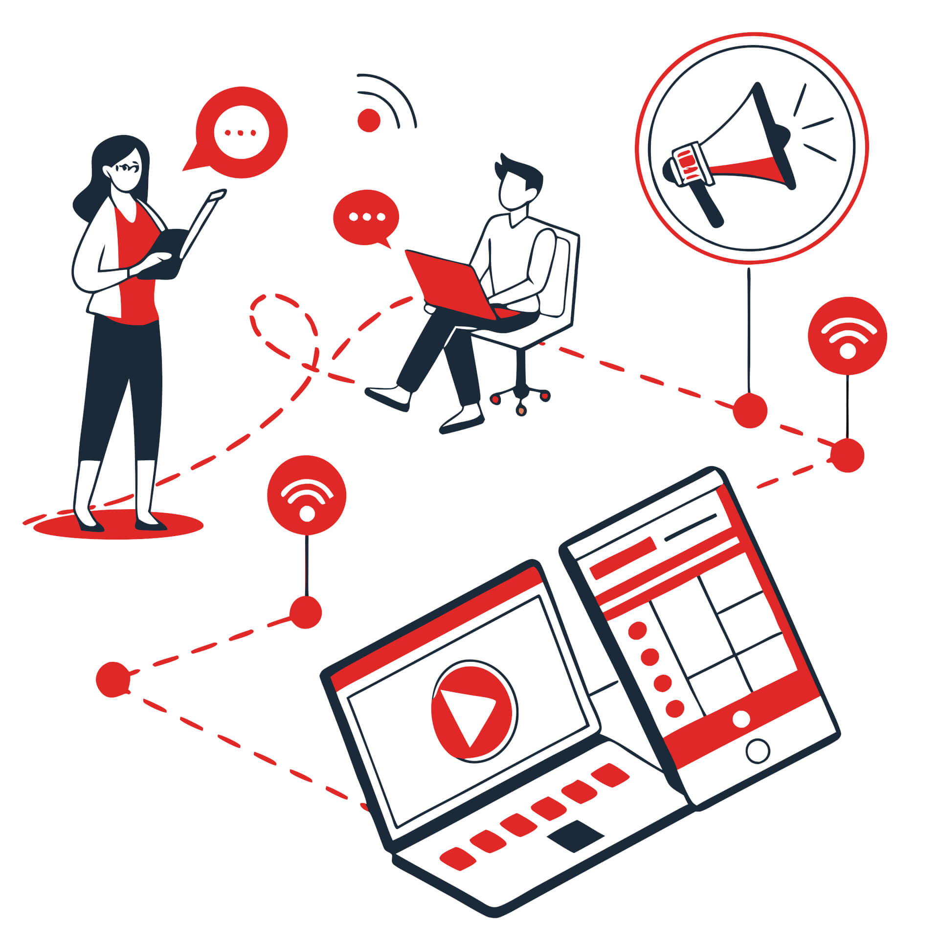 Illustration eines Mannes und einer Frau, die an digitalen Geräten arbeiten und Strategien planen.