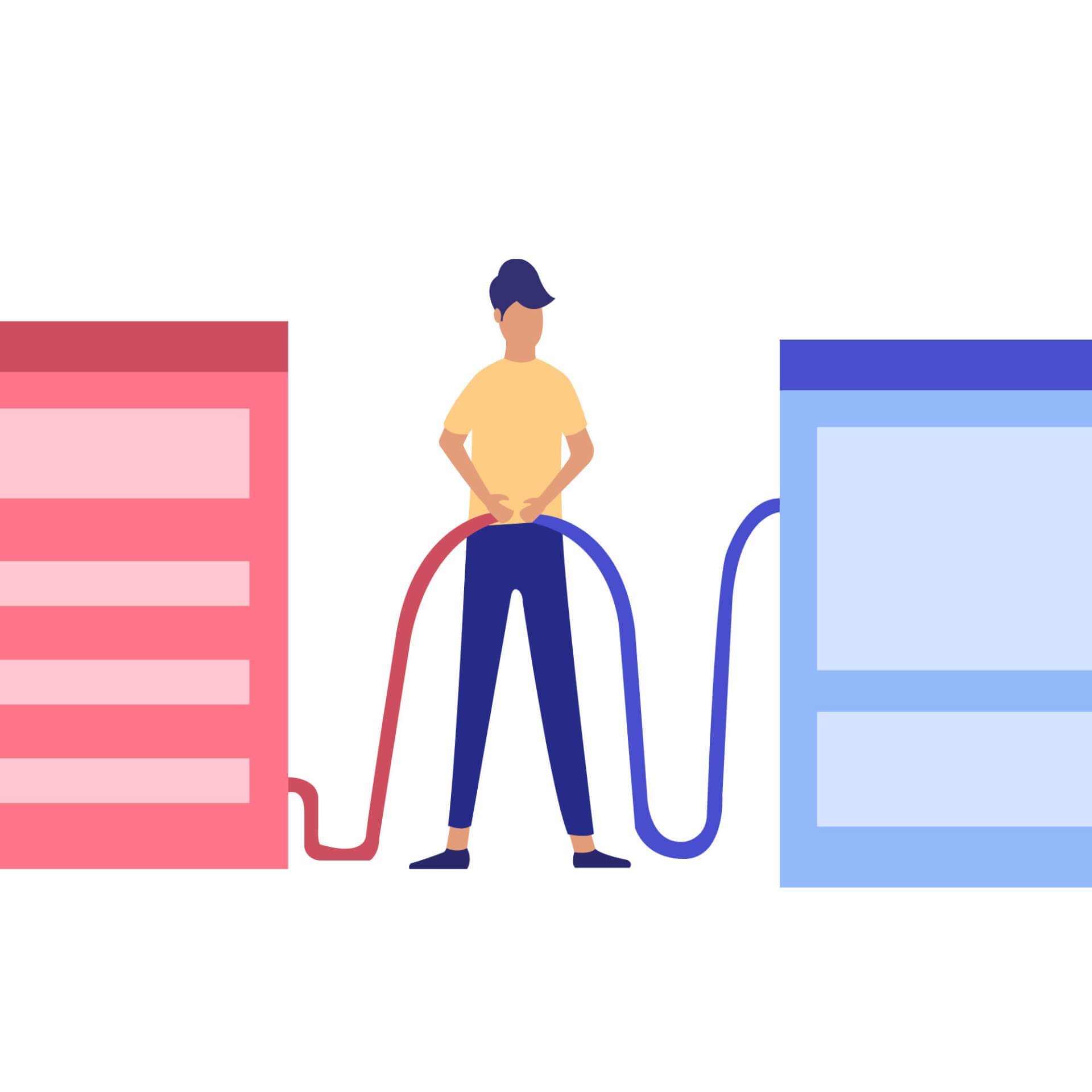 A man, standing between two giant browser tabs, one red, one blue, connecting them both with a cable. 