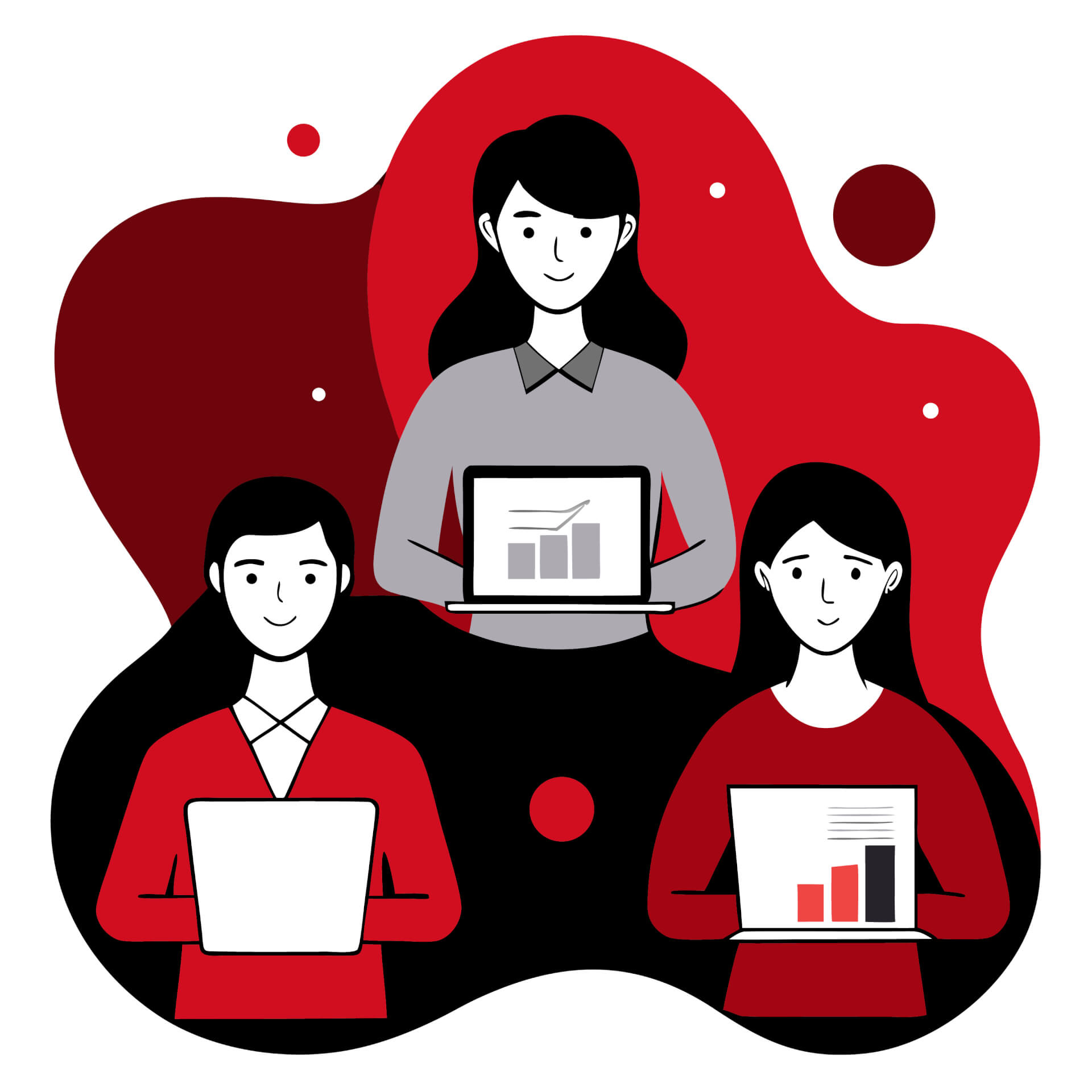 Three women standing next to each other, with laptop in front of them. 