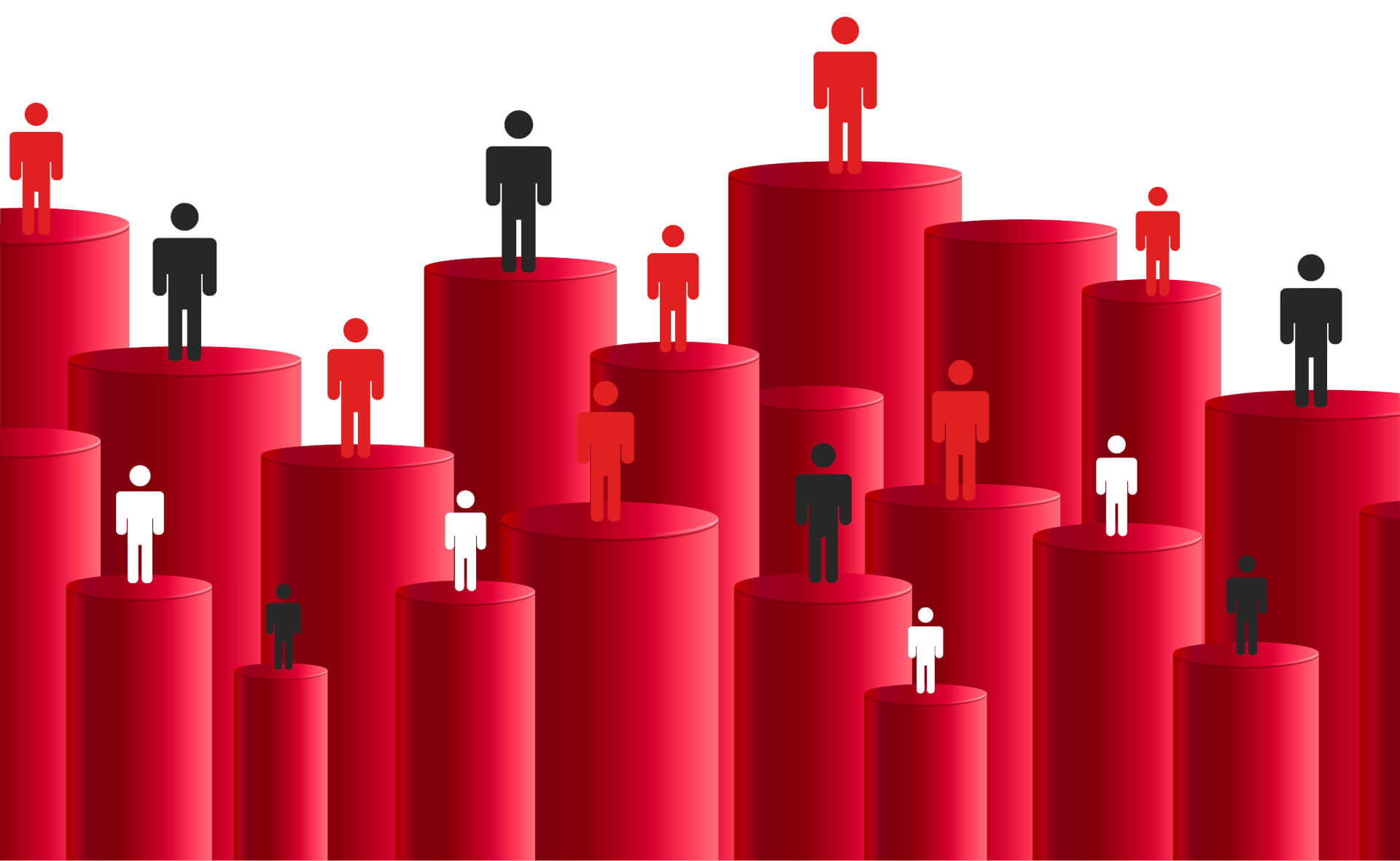 Illustration of pillar charts, with stickmen standing on top ot the individual pillars