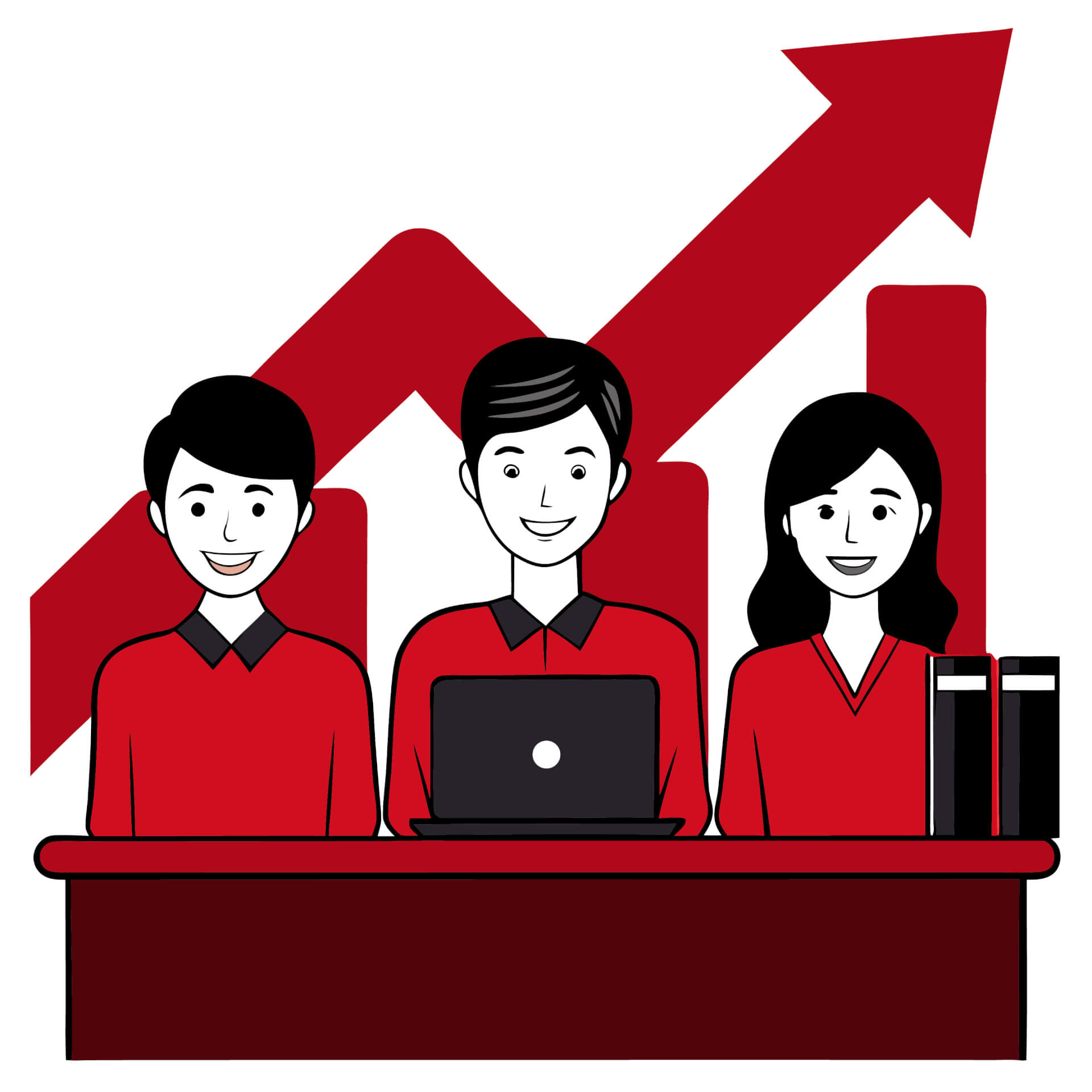 Illustration von drei Personen in roten Kleidern, ein Diagramm mit Statistiken im Hintergrund.