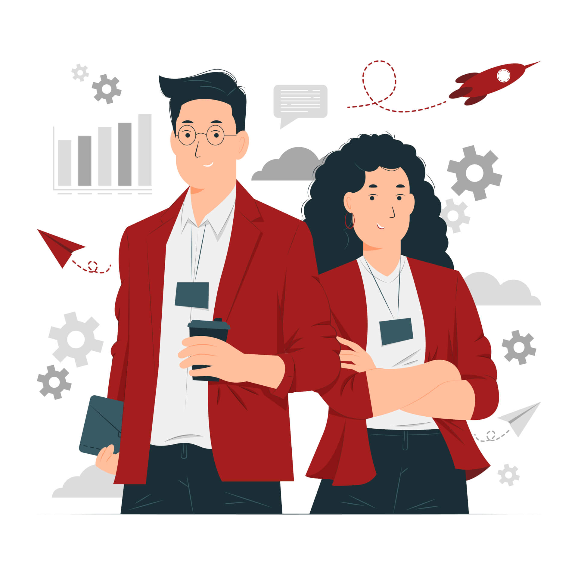 Ein Mann und eine Frau in roten Kleidern, die nebeneinander stehen und einladend lächeln.