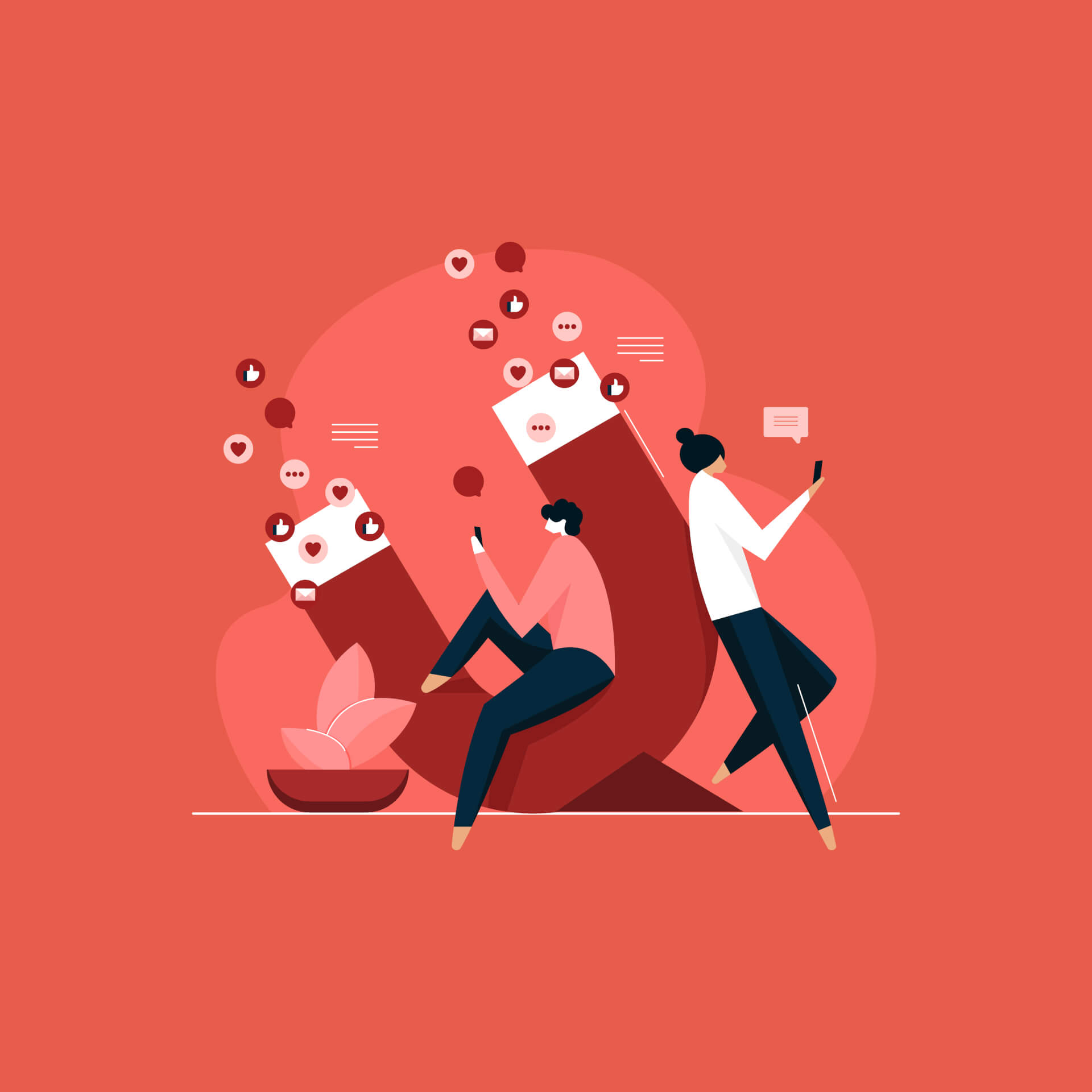 Illustration eines riesigen Magneten, an dem zwei Personen lehnen und auf ihre Handys schauen. Der Magnet zieht Social-Media-Symbole an.