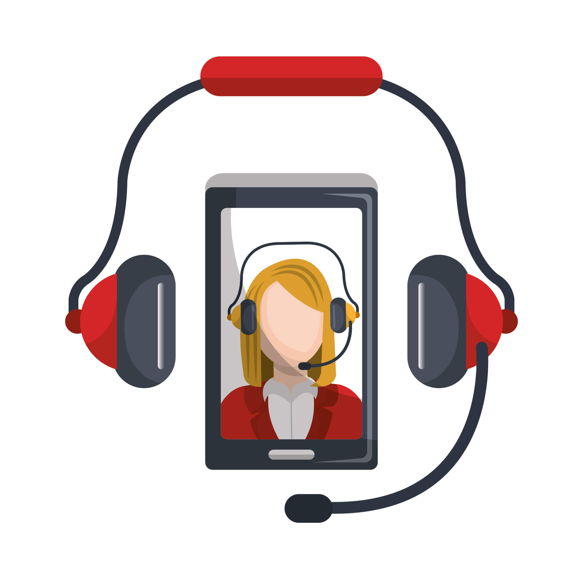 Illustration of a spartphone, with a headset around it, on the display, a woman, also wearing a headphone. 