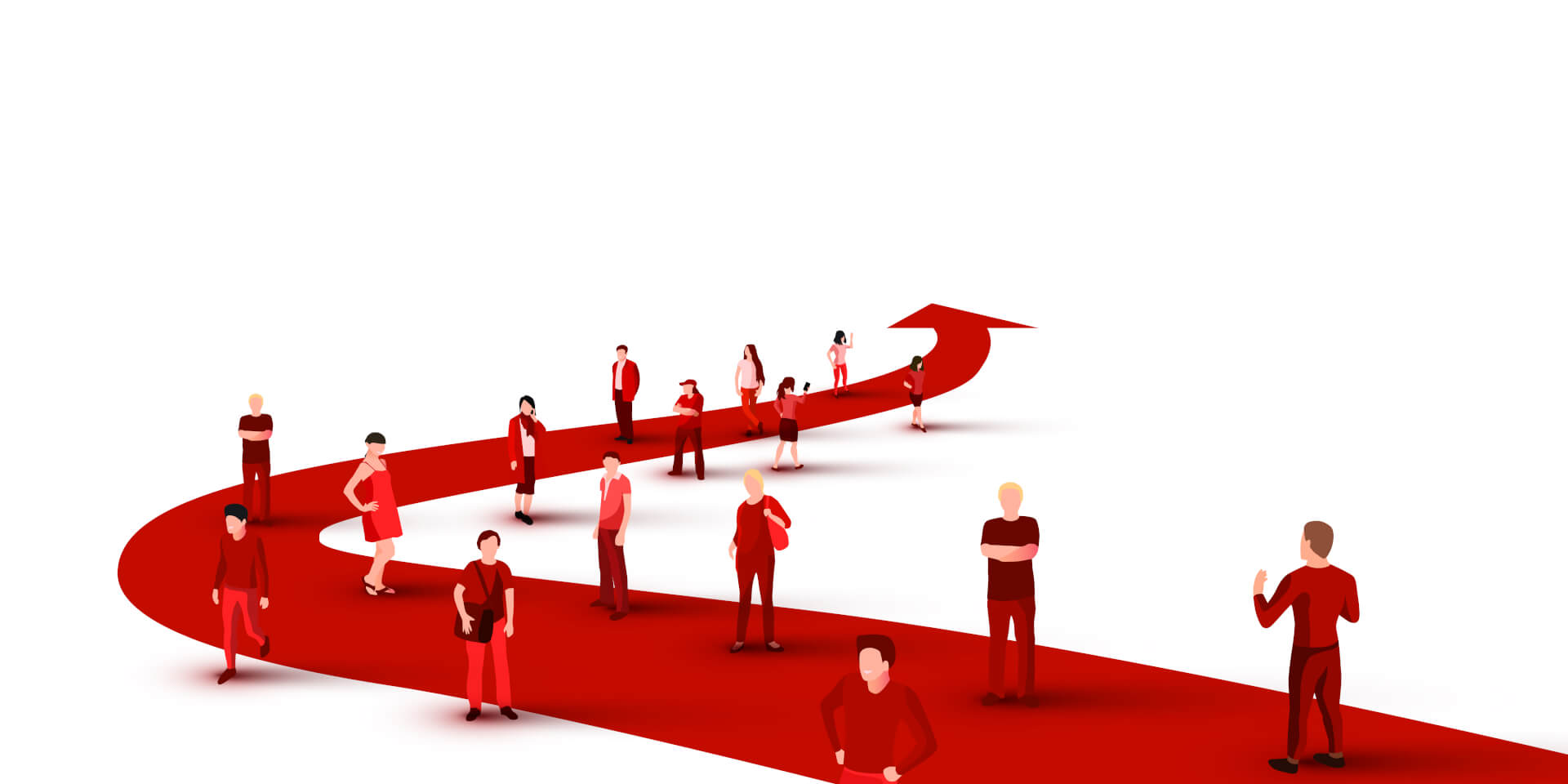 Illustration einer Gruppe von Menschen, die locker auf einem roten Pfeilweg stehen