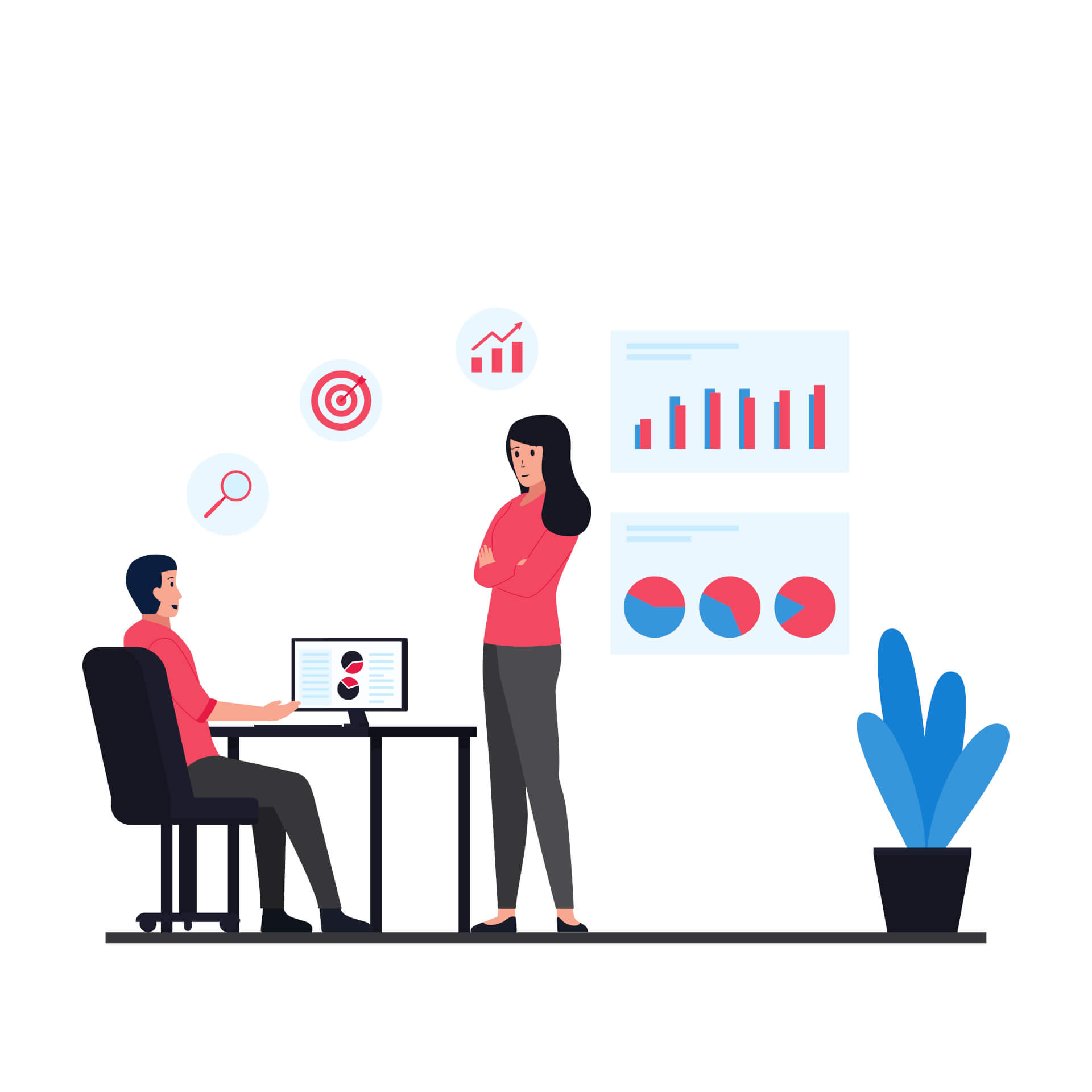 Illustration of a man sitting on his desk, a woman standing in front of him with arms crossed.In the background, severyl statistics. 