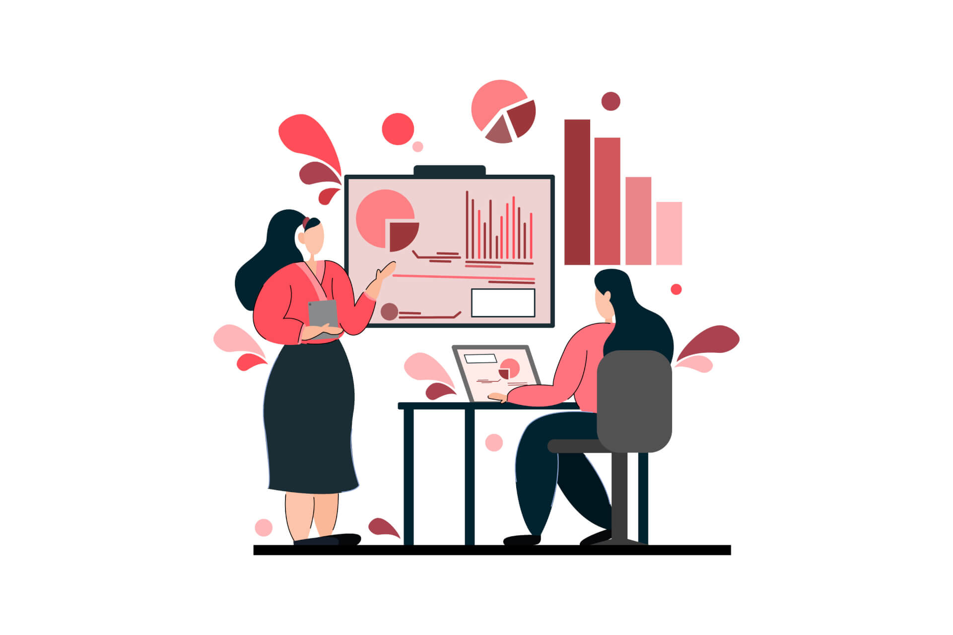Illustration of two women, one sitting on a desk, working on computer, the other one standing and pointing to a giant screen with statistics.