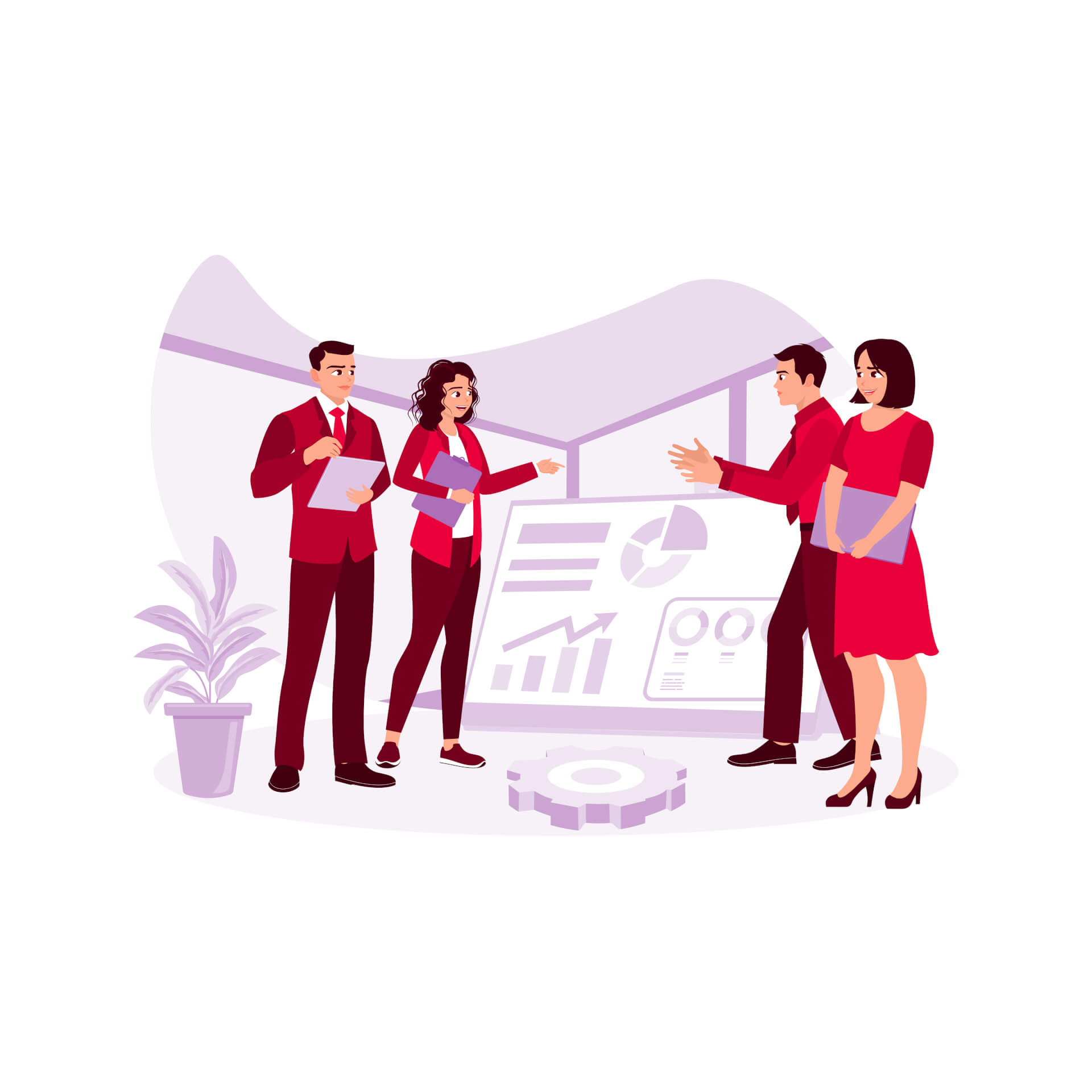 Illustration von 2 Gruppen von Geschäftsleuten, die Dokumente halten und sprechen.